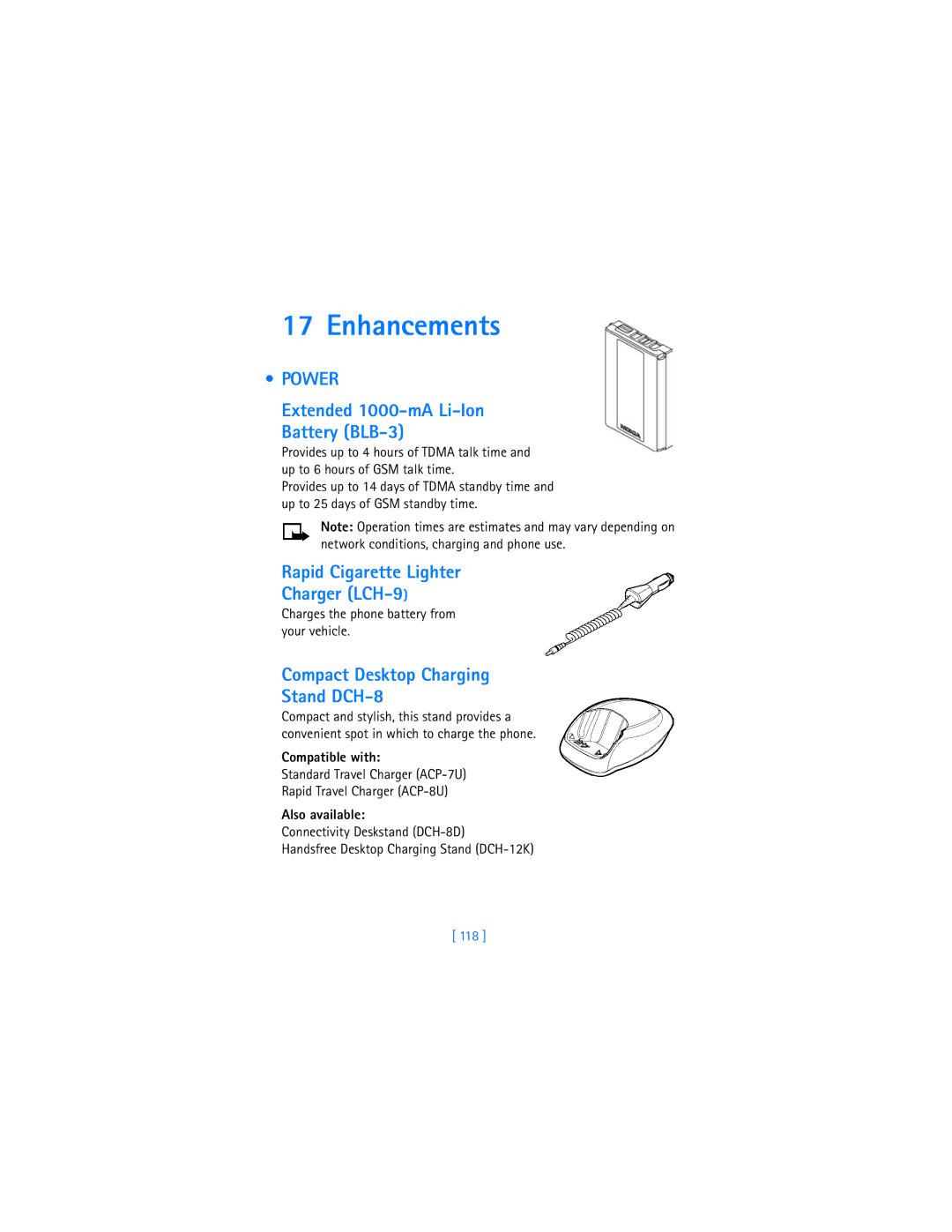 Nokia 6340i warranty Enhancements, Power, Extended 1000-mA Li-Ion Battery BLB-3, Rapid Cigarette Lighter Charger LCH-9 