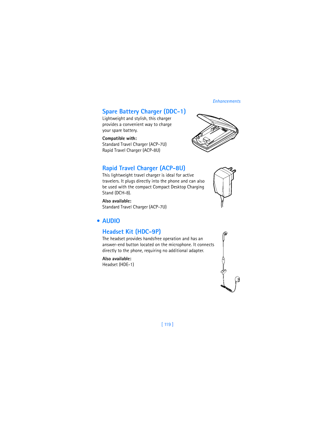 Nokia 6340i warranty Spare Battery Charger DDC-1, Rapid Travel Charger ACP-8U, Audio, Headset Kit HDC-9P, 119 