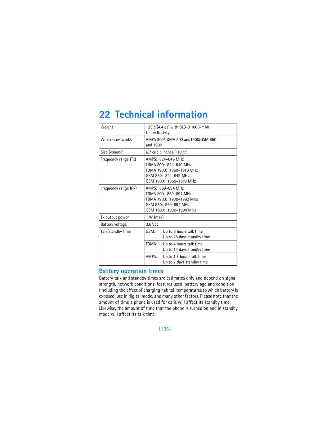 Nokia 6340i warranty Technical information, Battery operation times, 136 