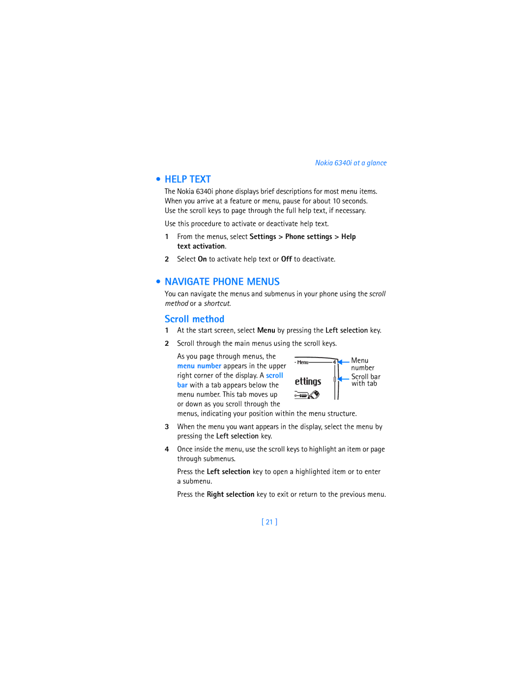 Nokia 6340i warranty Help Text, Navigate Phone Menus, Scroll method, As you page through menus 