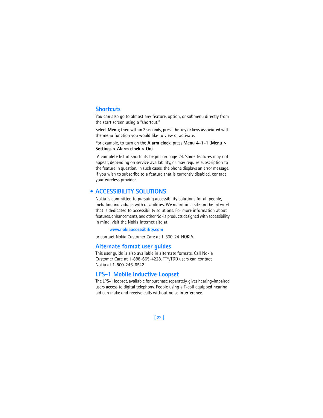 Nokia 6340i warranty Shortcuts, Accessibility Solutions, Alternate format user guides, LPS-1 Mobile Inductive Loopset 