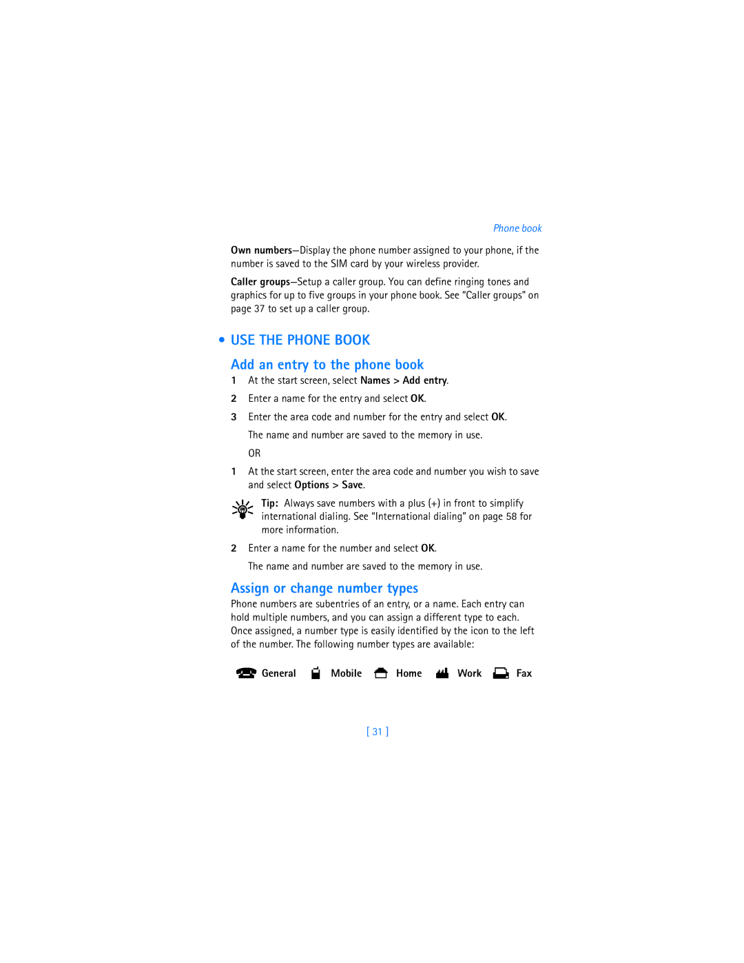 Nokia 6340i USE the Phone Book, Add an entry to the phone book, Assign or change number types, General Mobile Home Work 