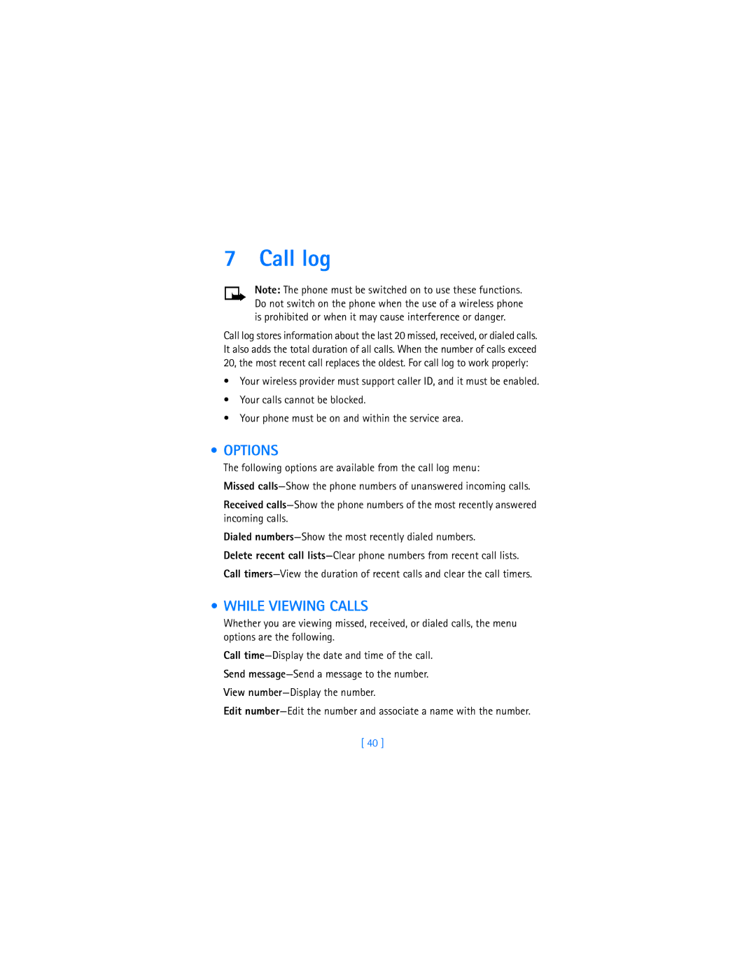 Nokia 6340i warranty Call log, While Viewing Calls 