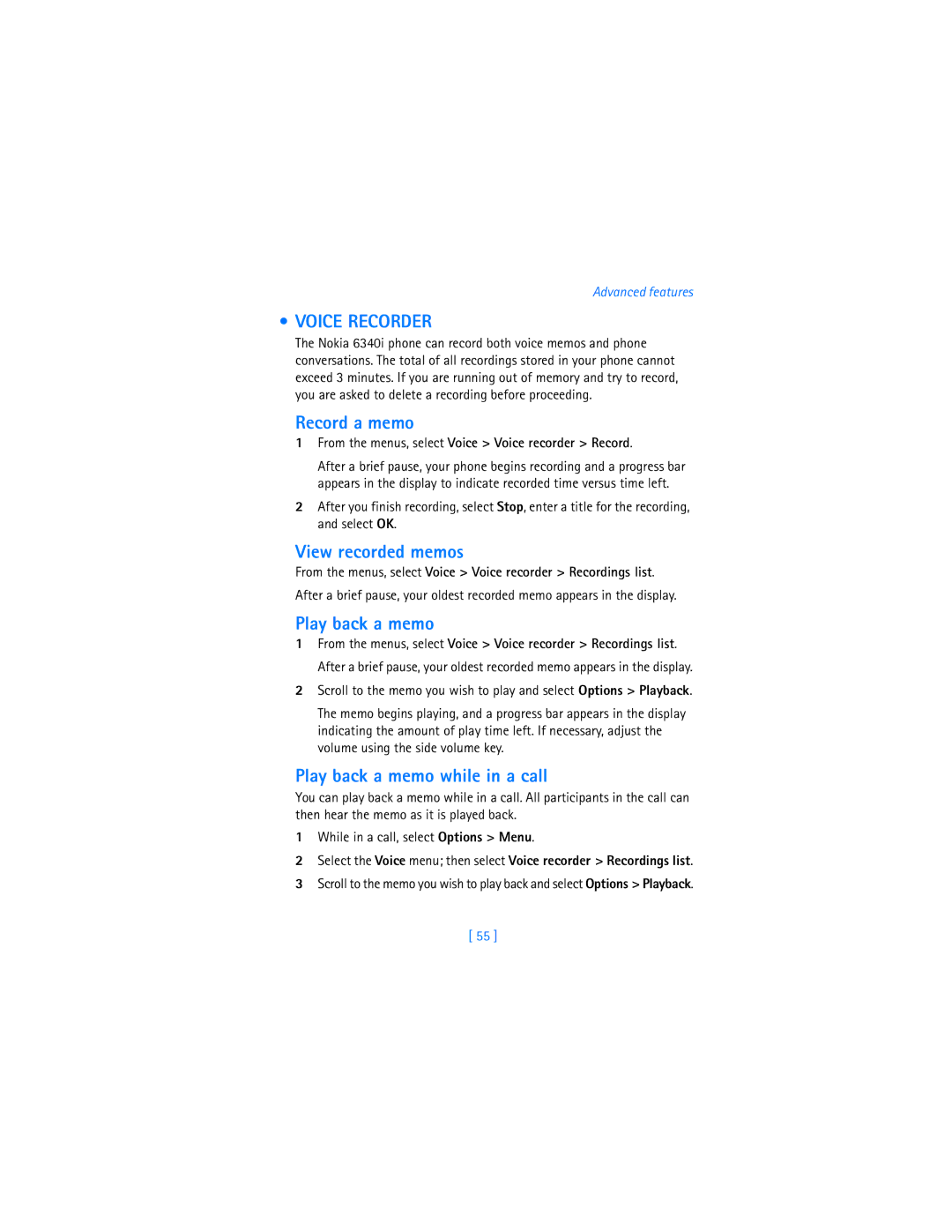 Nokia 6340i warranty Voice Recorder, Record a memo, View recorded memos, Play back a memo while in a call 
