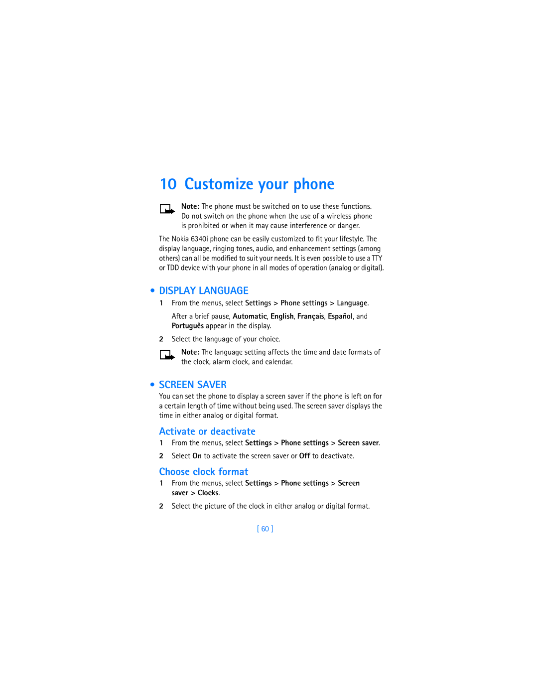 Nokia 6340i warranty Customize your phone, Display Language, Screen Saver, Activate or deactivate, Choose clock format 