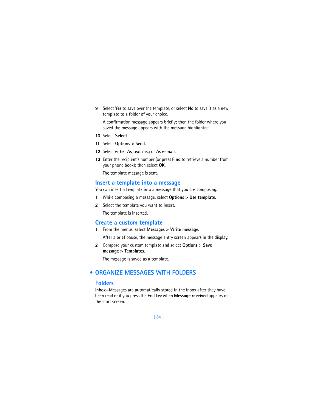 Nokia 6340i warranty Insert a template into a message, Create a custom template, Organize Messages with Folders Folders 