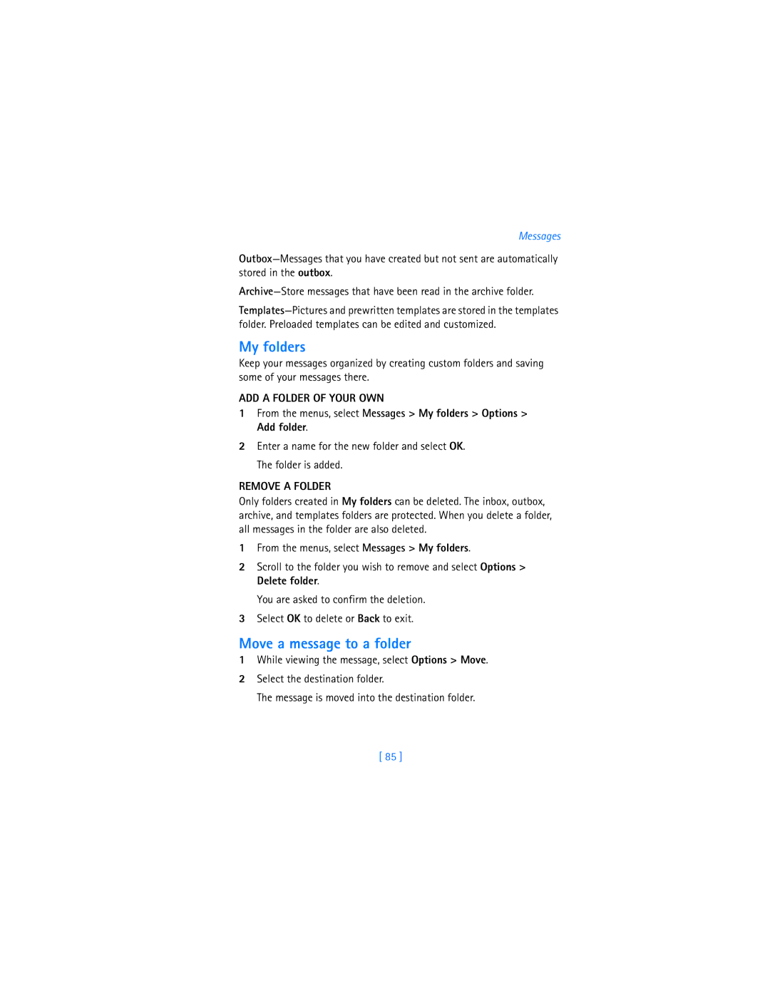 Nokia 6340i warranty My folders, Move a message to a folder, ADD a Folder of Your OWN, Remove a Folder 