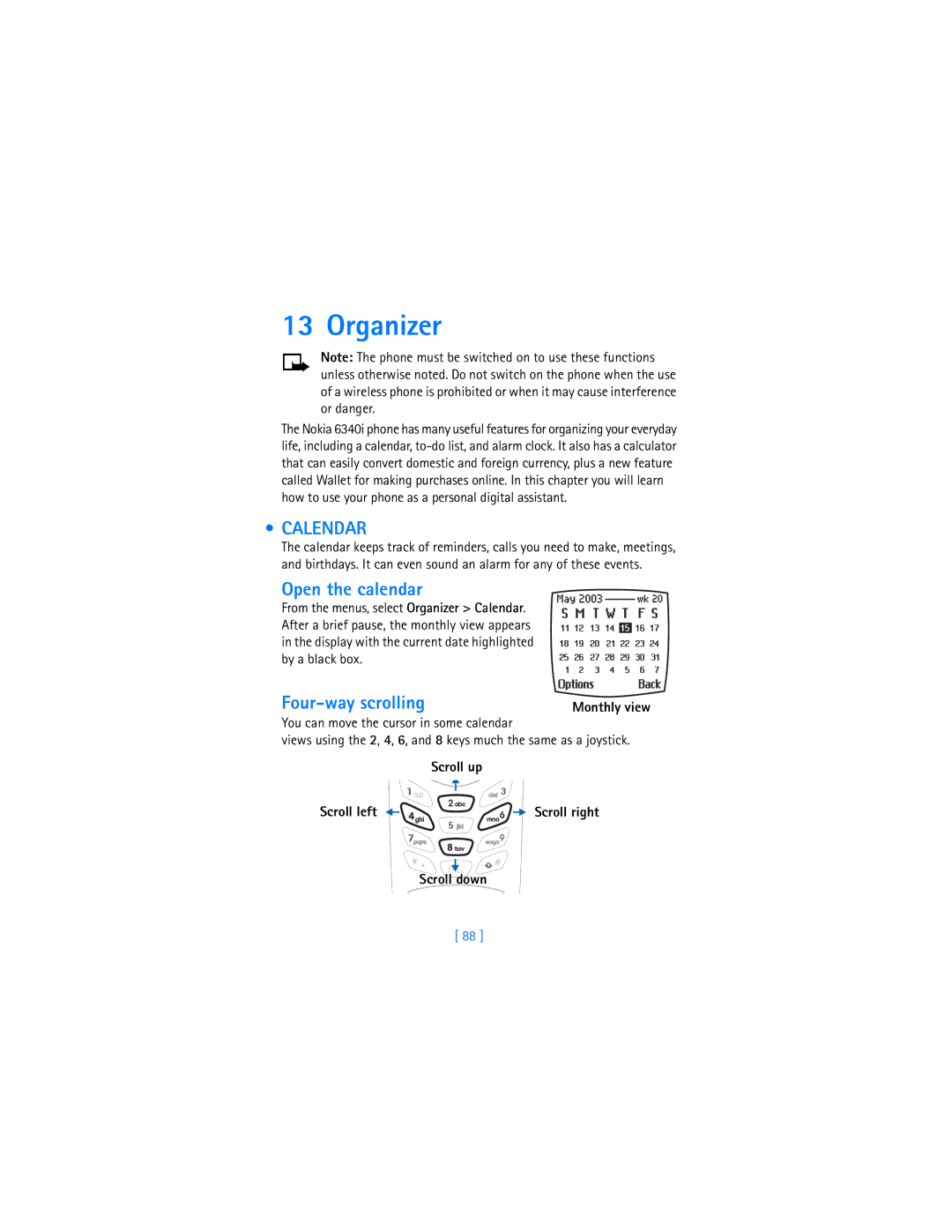 Nokia 6340i warranty Organizer, Calendar, Open the calendar, Four-way scrolling 