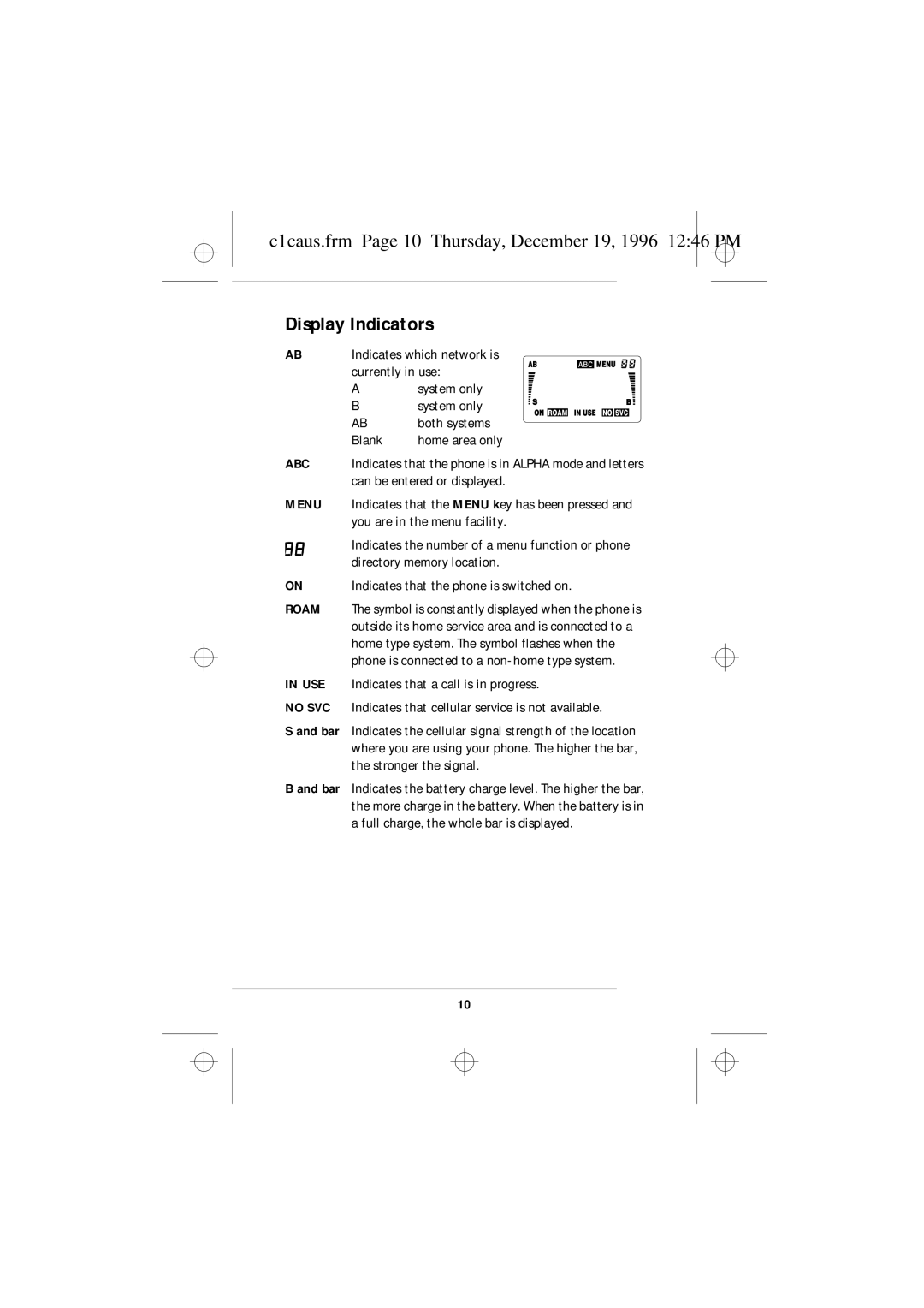 Nokia 636 owner manual Display Indicators, C1caus.frm Page 10 Thursday, December 19, 1996 1246 PM 