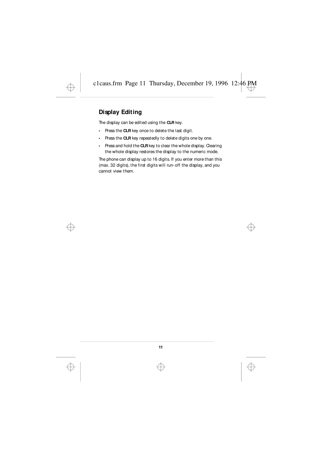 Nokia 636 owner manual Display Editing, C1caus.frm Page 11 Thursday, December 19, 1996 1246 PM 