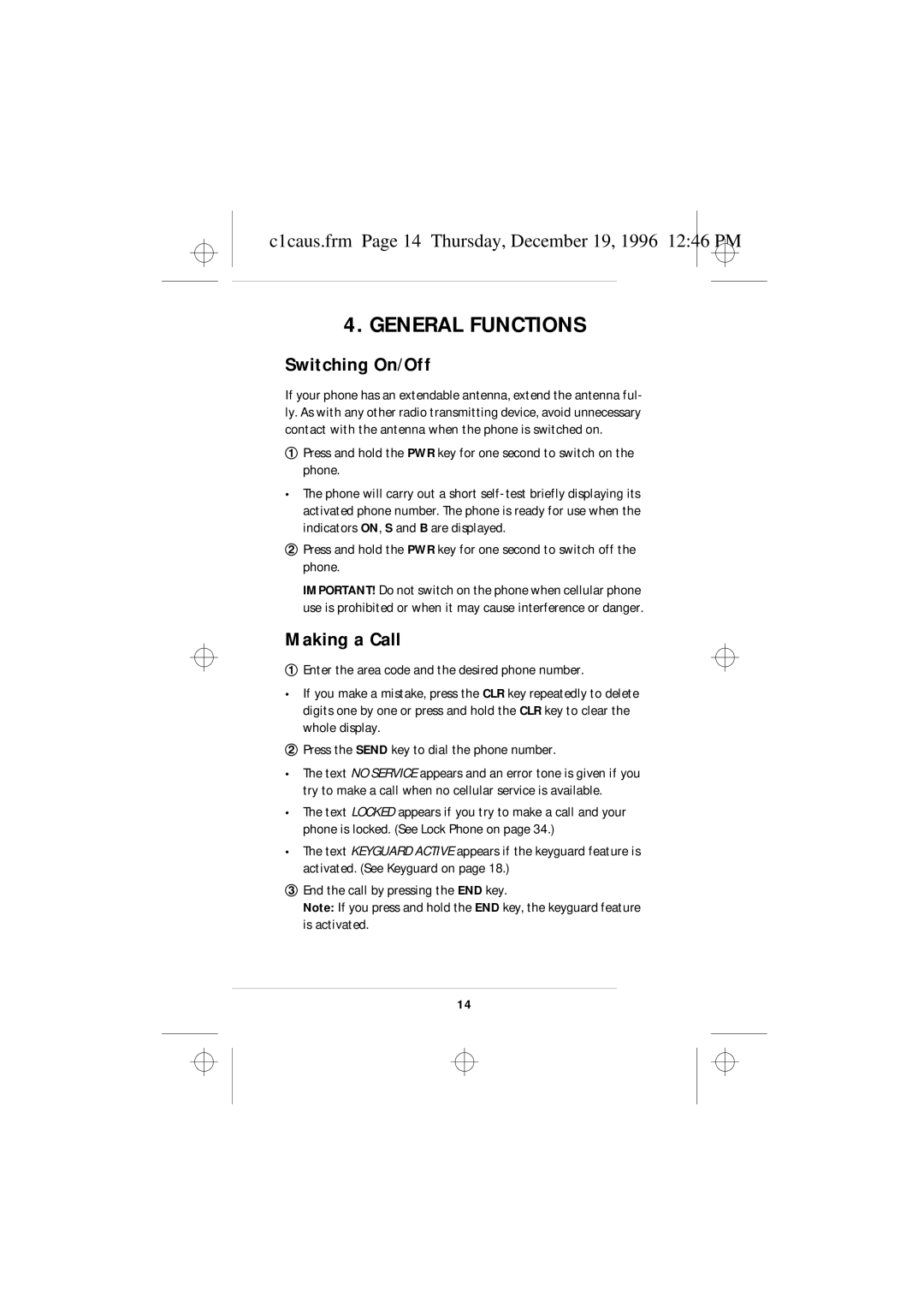 Nokia 636 General Functions, Switching On/Off, Making a Call, C1caus.frm Page 14 Thursday, December 19, 1996 1246 PM 