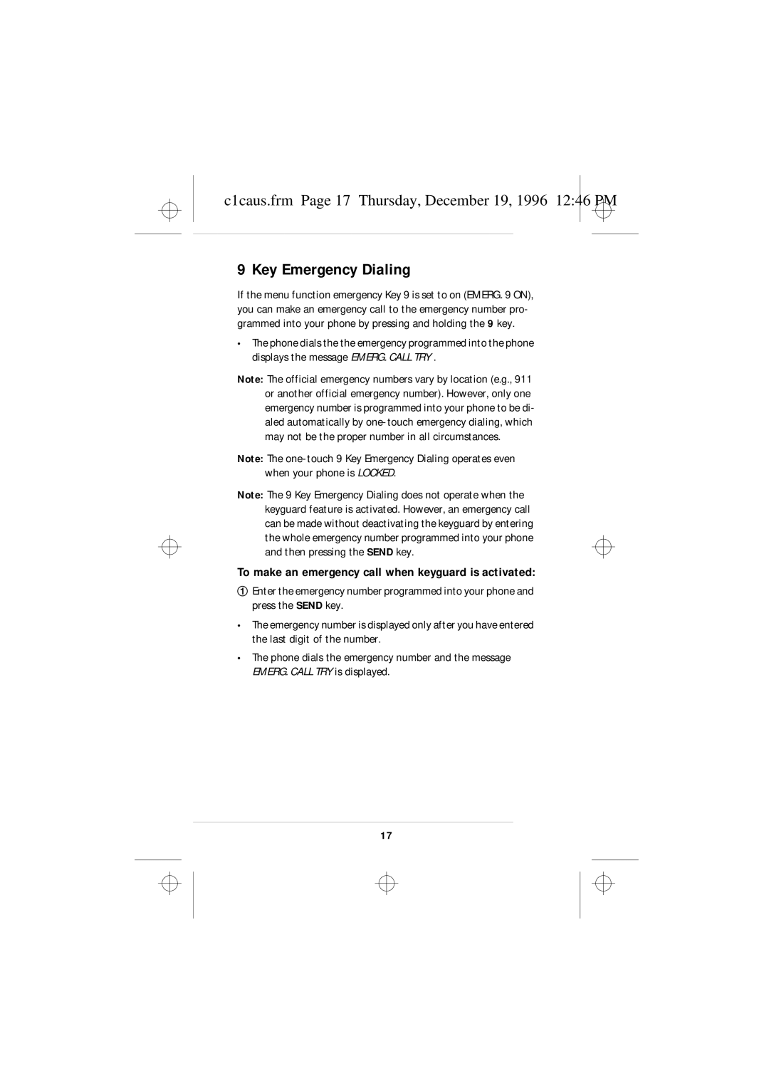 Nokia 636 owner manual Key Emergency Dialing, C1caus.frm Page 17 Thursday, December 19, 1996 1246 PM 