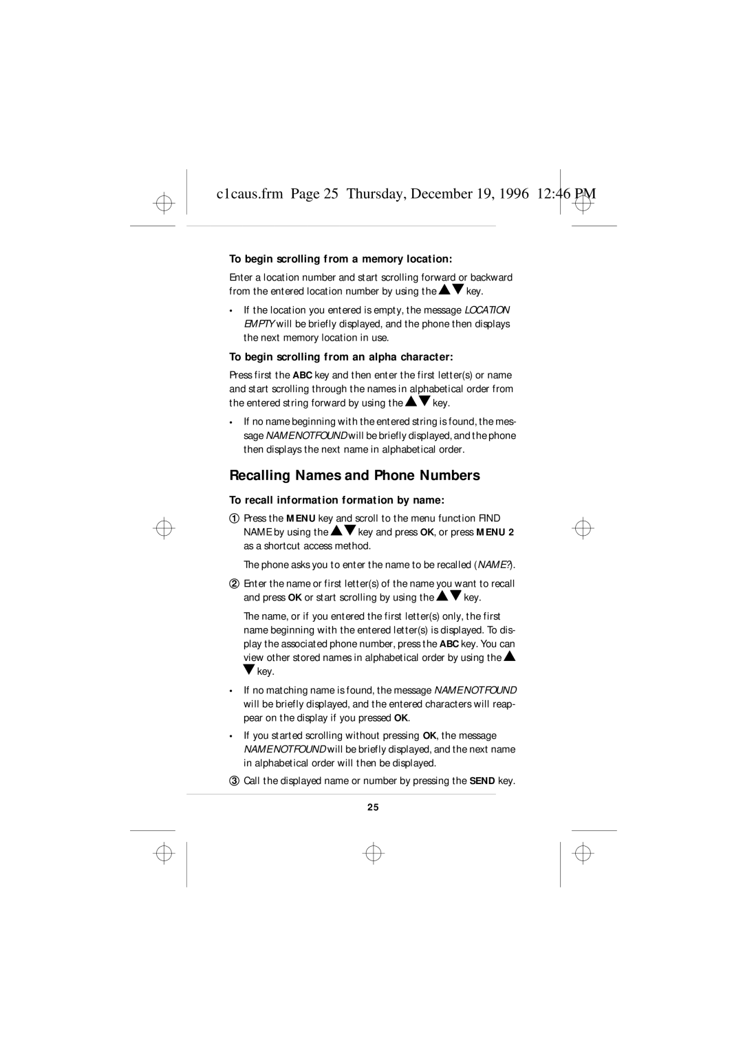 Nokia 636 owner manual Recalling Names and Phone Numbers, C1caus.frm Page 25 Thursday, December 19, 1996 1246 PM 