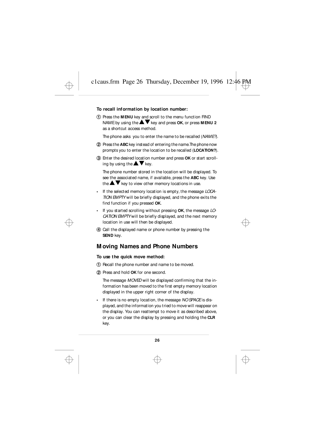 Nokia 636 owner manual Moving Names and Phone Numbers, C1caus.frm Page 26 Thursday, December 19, 1996 1246 PM 