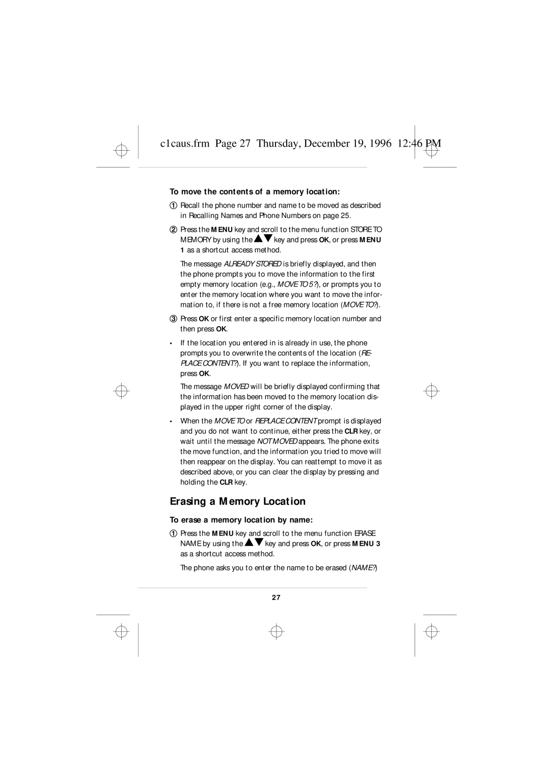 Nokia 636 owner manual Erasing a Memory Location, C1caus.frm Page 27 Thursday, December 19, 1996 1246 PM 