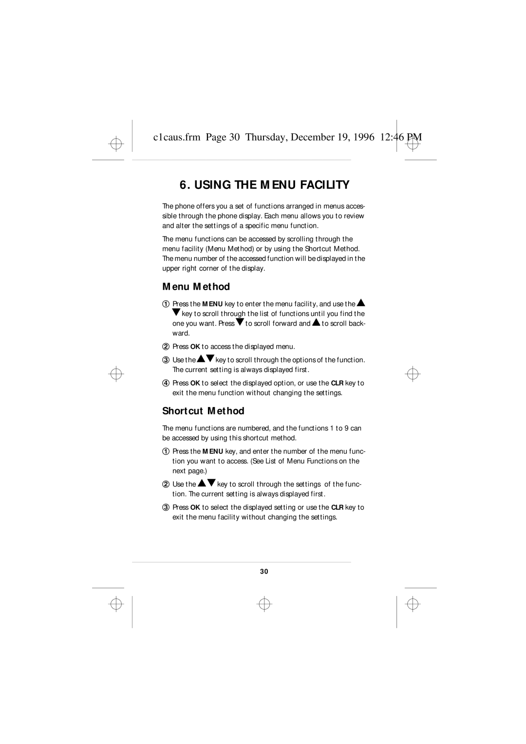 Nokia 636 Using the Menu Facility, Menu Method, Shortcut Method, C1caus.frm Page 30 Thursday, December 19, 1996 1246 PM 