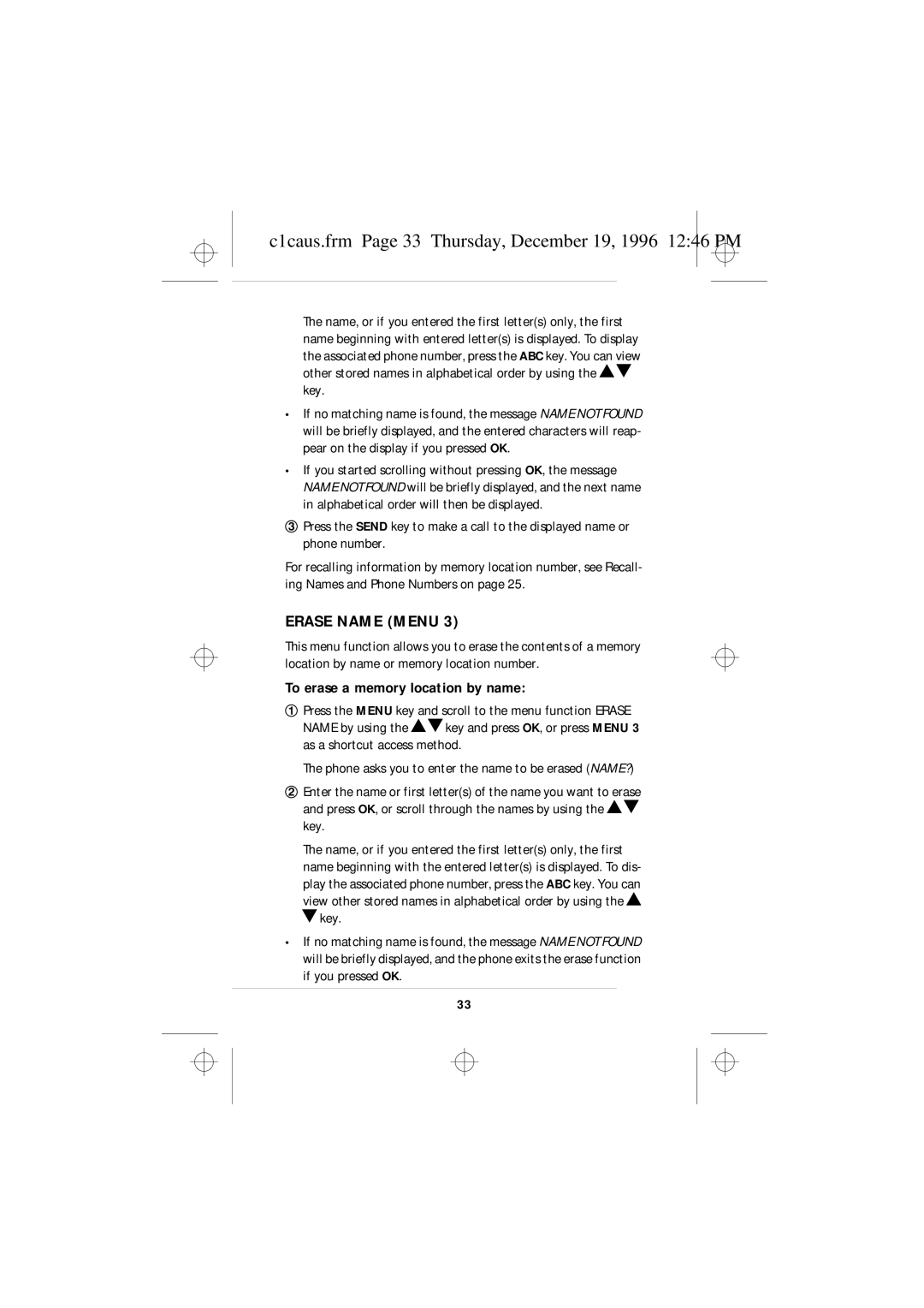 Nokia 636 owner manual C1caus.frm Page 33 Thursday, December 19, 1996 1246 PM, Erase Name Menu 