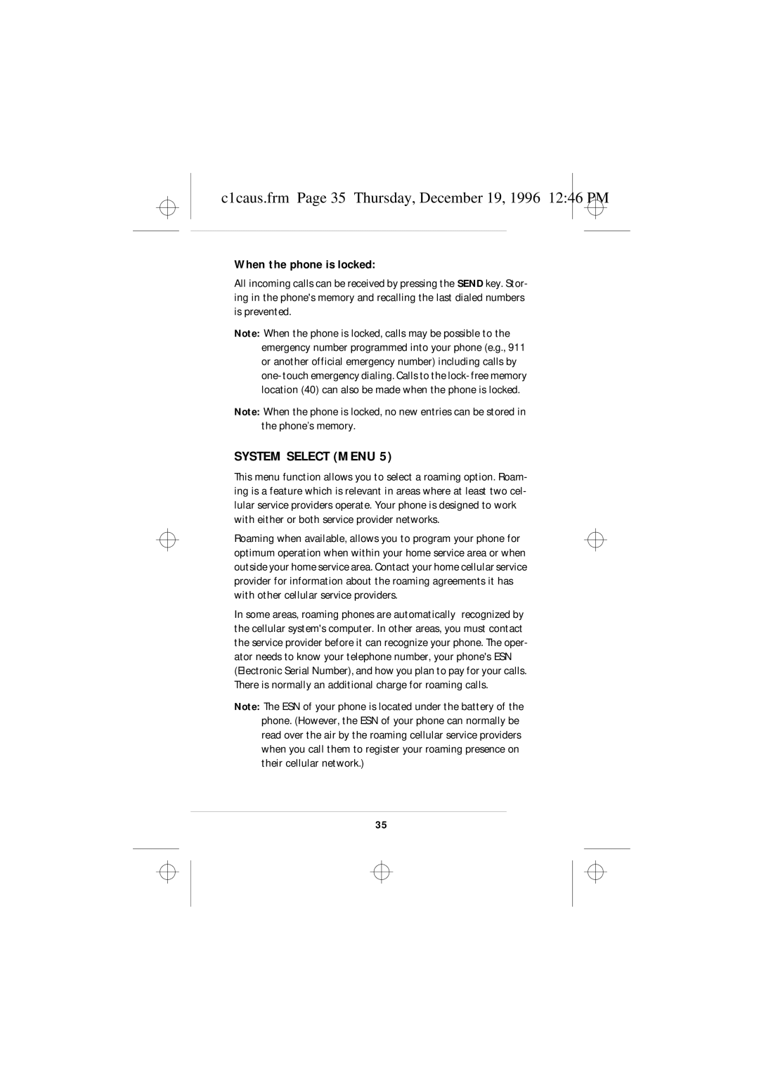 Nokia 636 owner manual C1caus.frm Page 35 Thursday, December 19, 1996 1246 PM, System Select Menu, When the phone is locked 