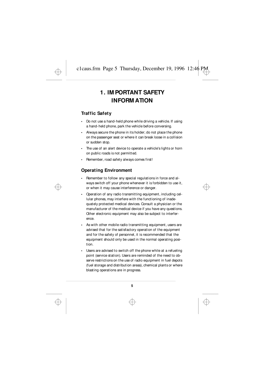 Nokia 636 owner manual Important Safety Information, C1caus.frm Page 5 Thursday, December 19, 1996 1246 PM 