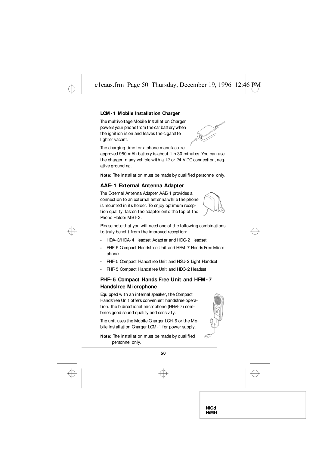 Nokia 636 owner manual C1caus.frm Page 50 Thursday, December 19, 1996 1246 PM, LCM-1 Mobile Installation Charger 