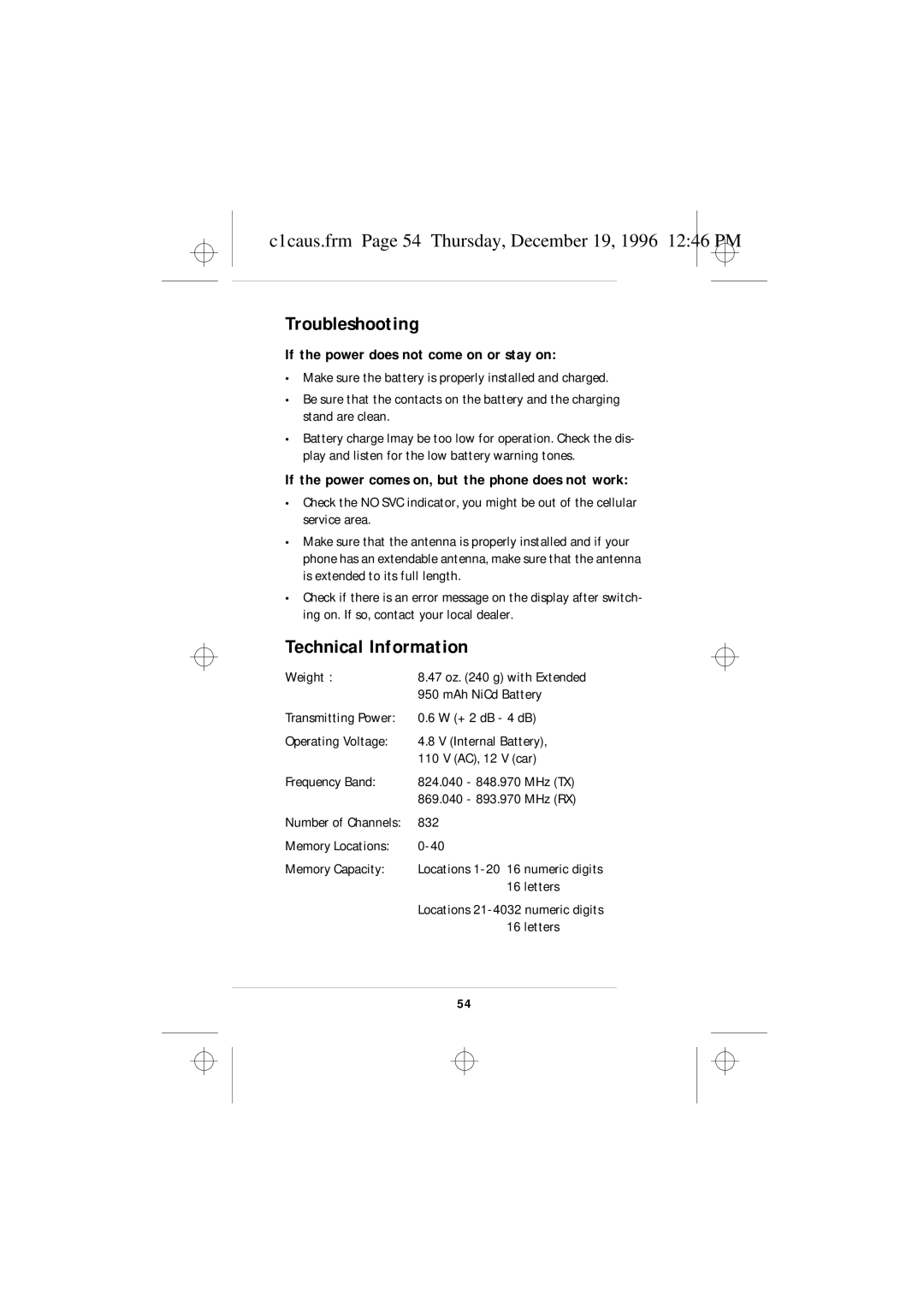 Nokia 636 owner manual Troubleshooting, Technical Information, C1caus.frm Page 54 Thursday, December 19, 1996 1246 PM 