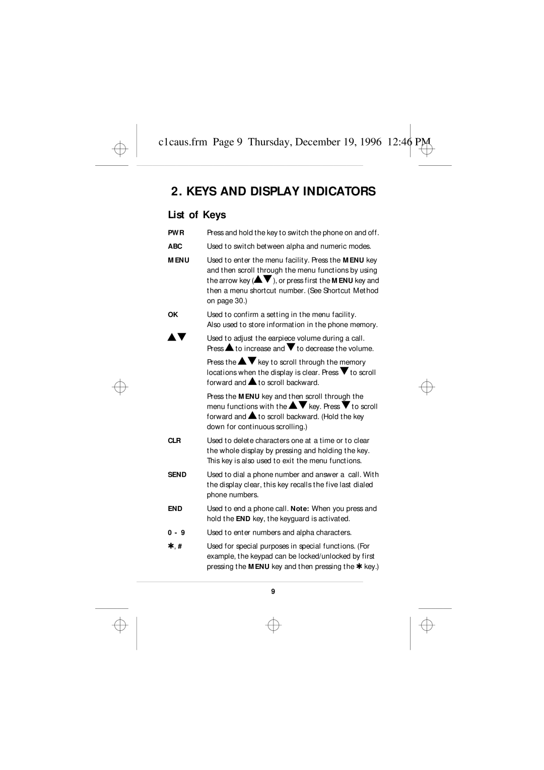 Nokia 636 owner manual Keys and Display Indicators, List of Keys, C1caus.frm Page 9 Thursday, December 19, 1996 1246 PM 