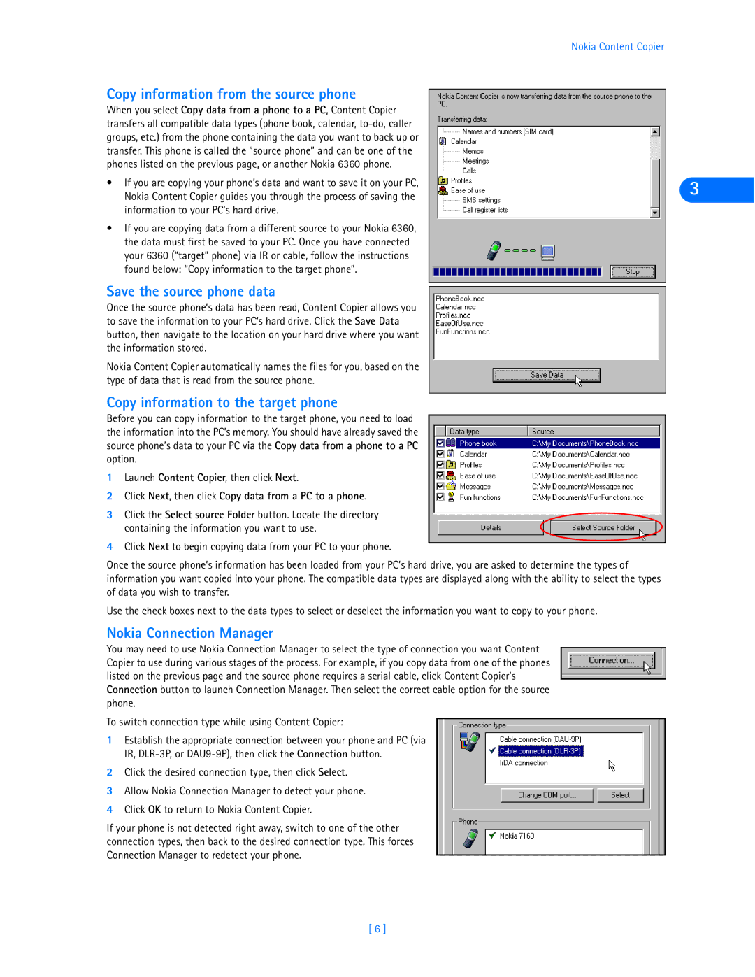 Nokia 6360 manual Copy information from the source phone, Save the source phone data, Copy information to the target phone 