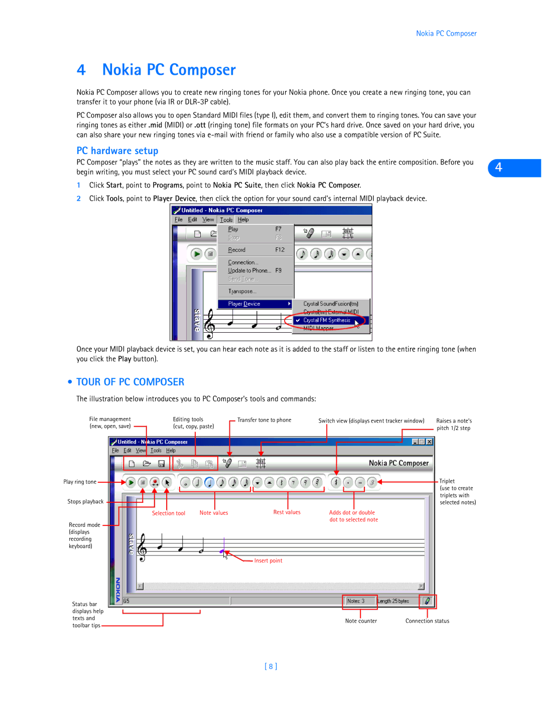 Nokia 6360 manual Nokia PC Composer, PC hardware setup, Tour of PC Composer 