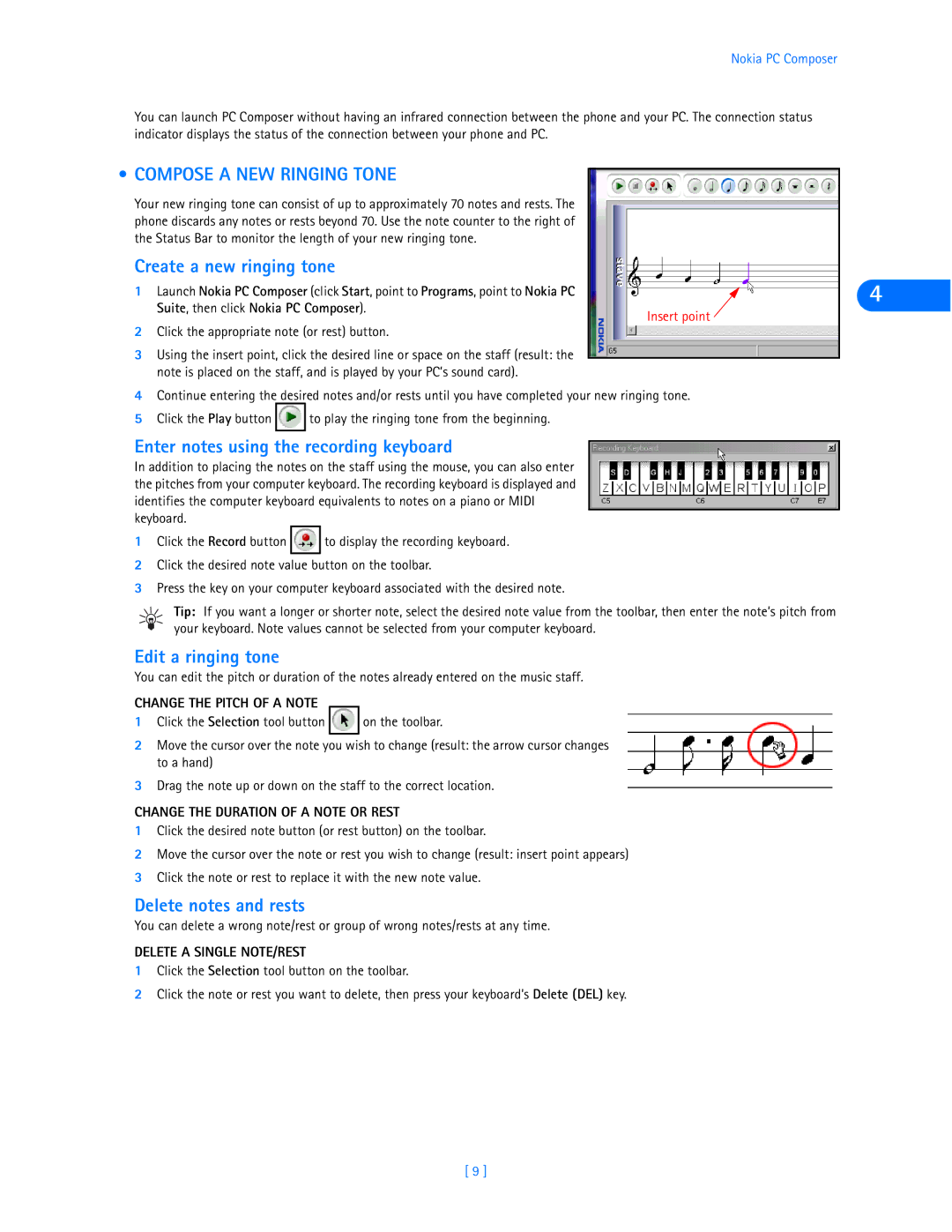 Nokia 6360 manual Compose a NEW Ringing Tone, Create a new ringing tone, Enter notes using the recording keyboard 