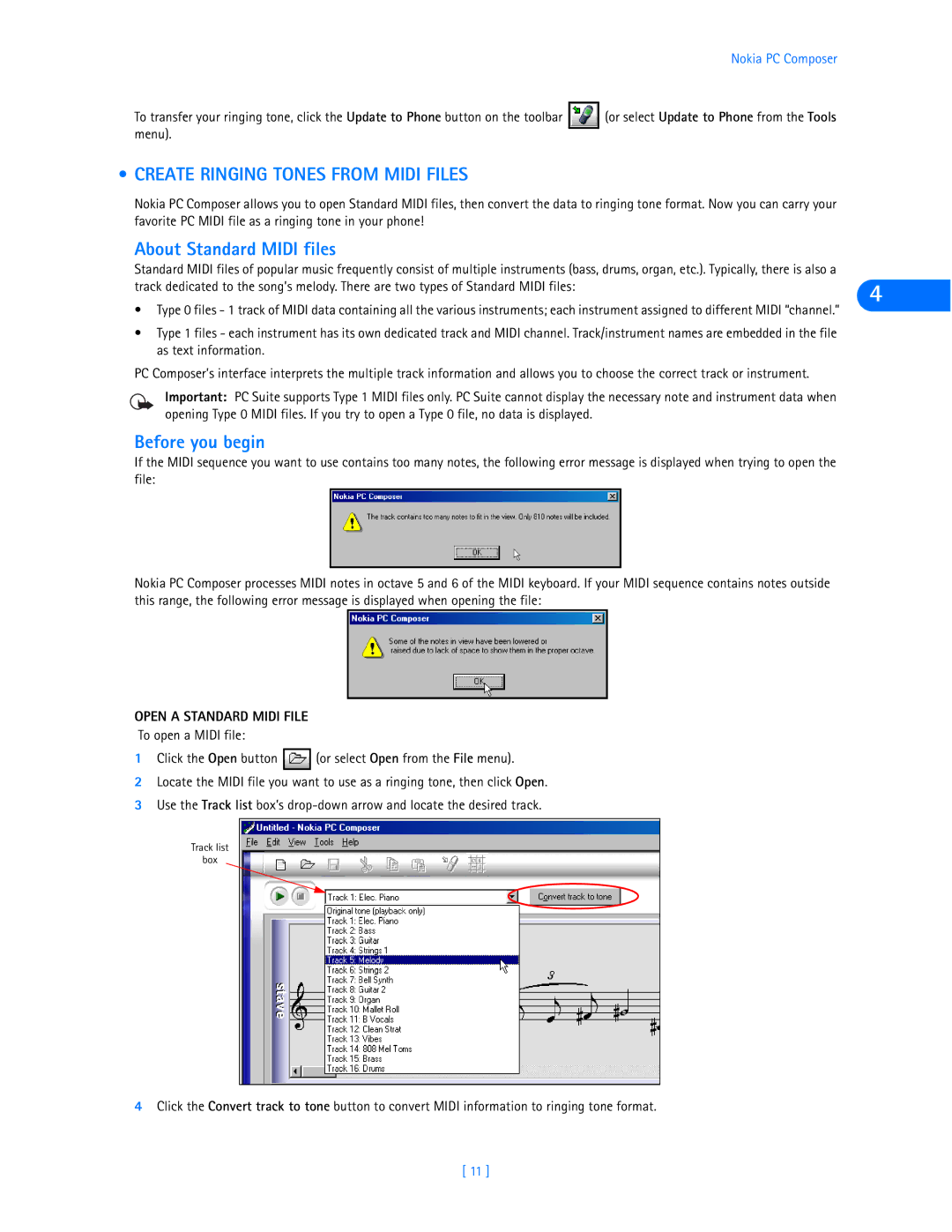 Nokia 6360 Create Ringing Tones from Midi Files, About Standard Midi files, Before you begin, Open a Standard Midi File 