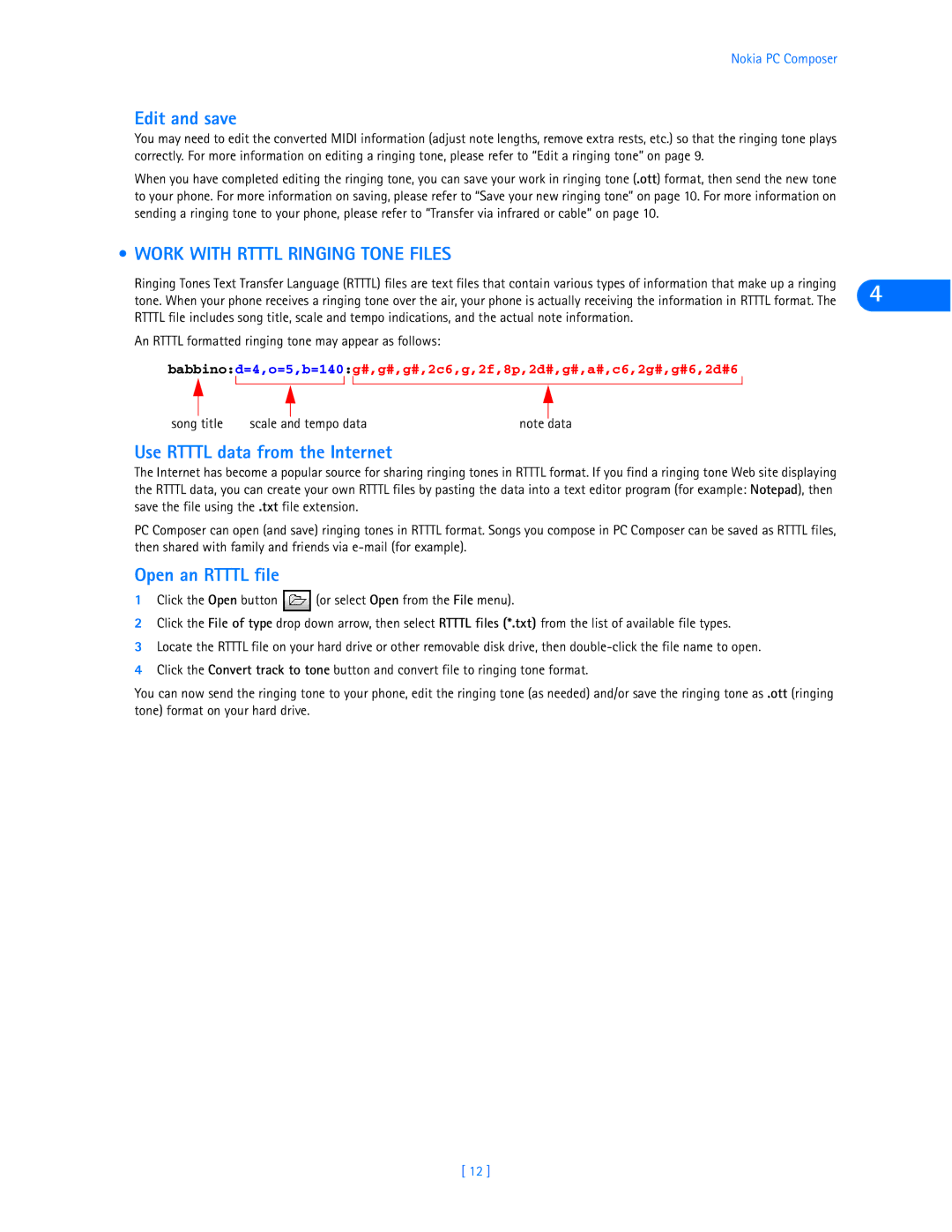 Nokia 6360 manual Edit and save, Work with Rtttl Ringing Tone Files, Use Rtttl data from the Internet, Open an Rtttl file 