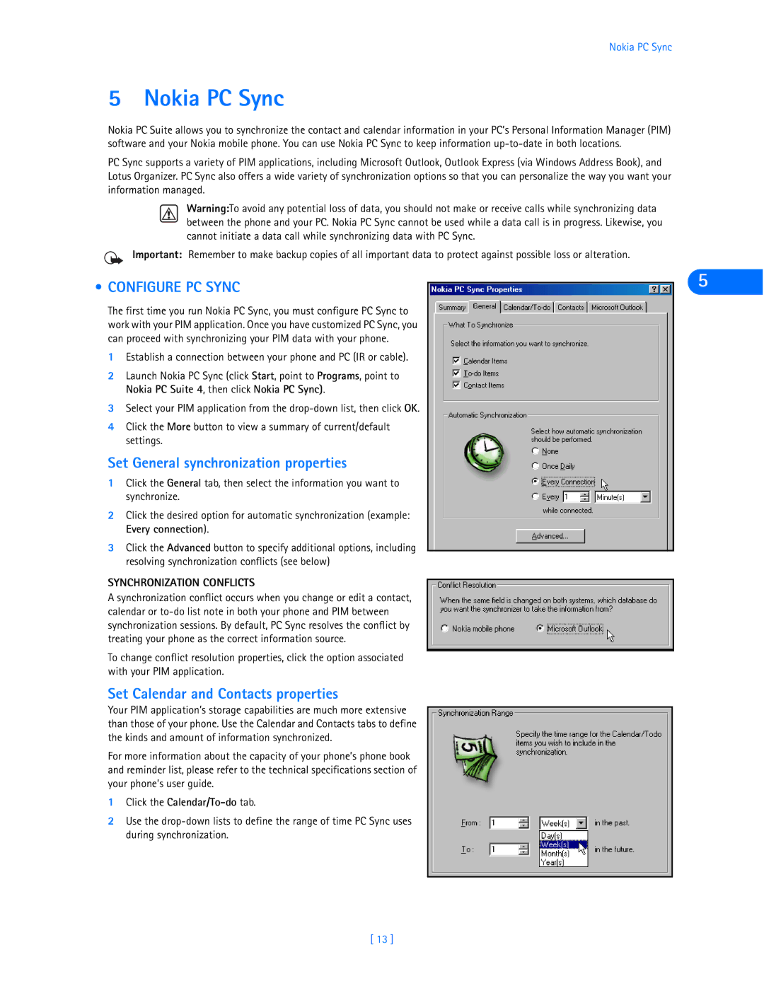 Nokia 6360 Nokia PC Sync, Configure PC Sync, Set General synchronization properties, Set Calendar and Contacts properties 