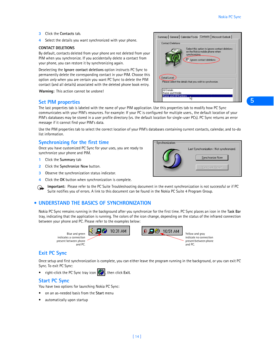 Nokia 6360 Set PIM properties, Synchronizing for the first time, Understand the Basics of Synchronization, Exit PC Sync 