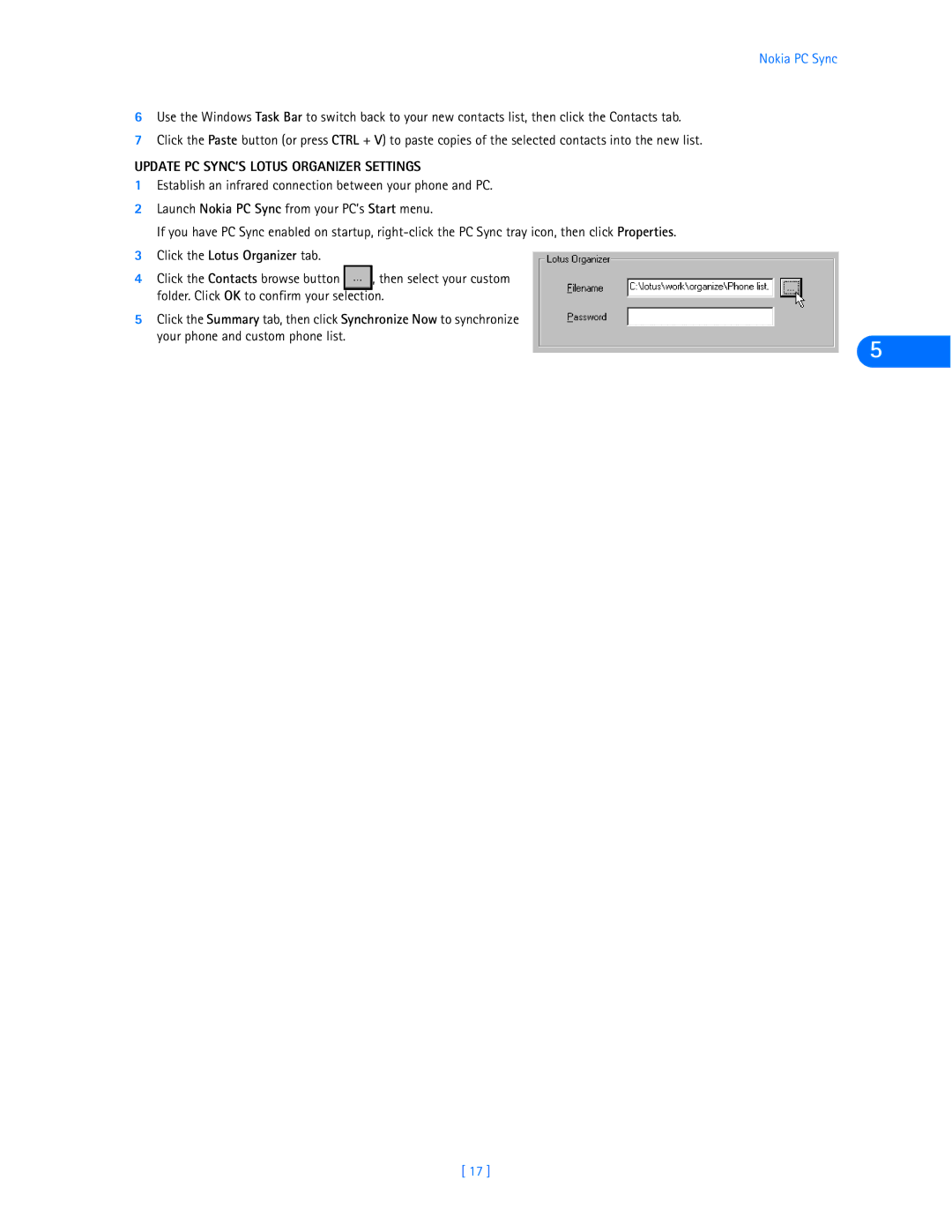 Nokia 6360 manual Update PC SYNC’S Lotus Organizer Settings, Click the Lotus Organizer tab 