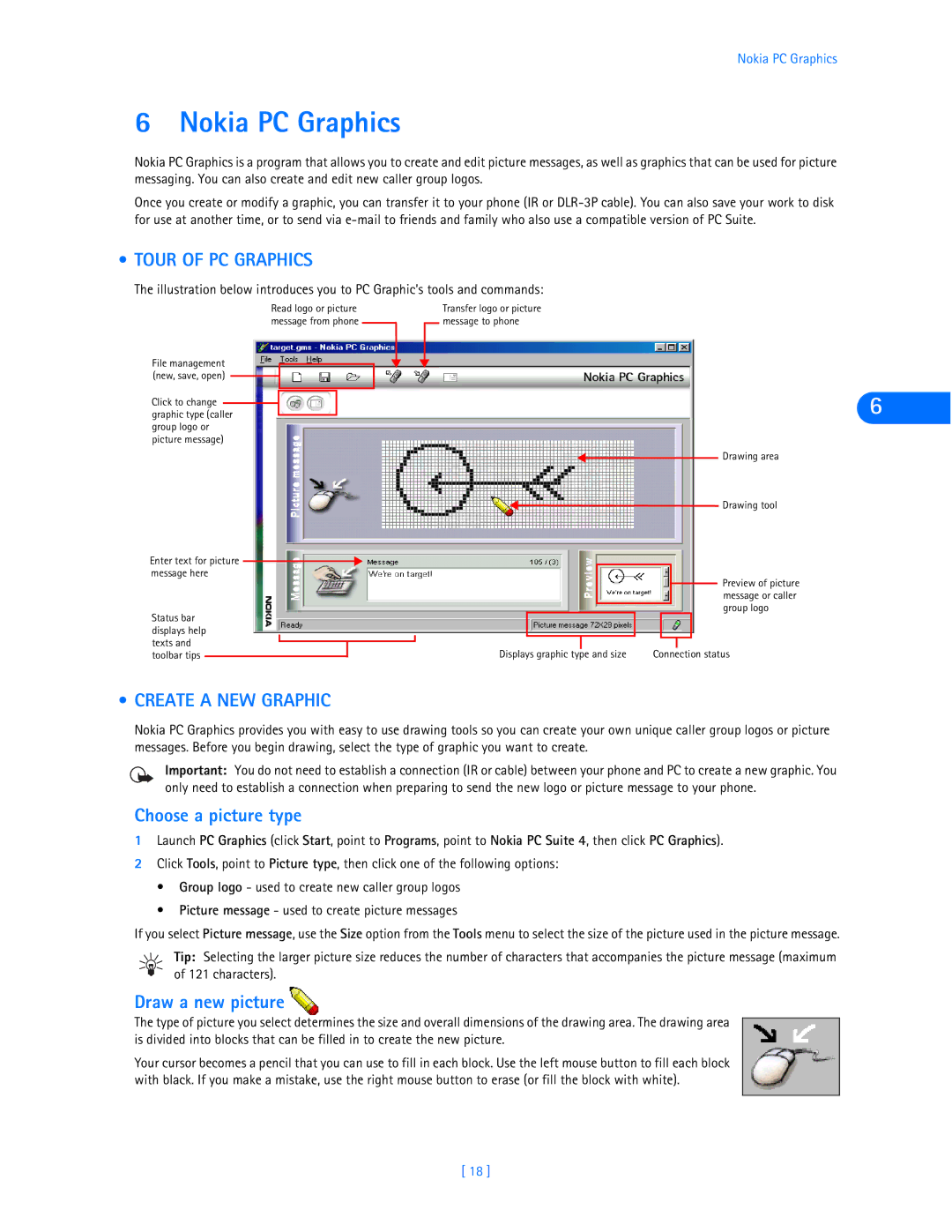 Nokia 6360 manual Nokia PC Graphics, Tour of PC Graphics, Create a NEW Graphic, Choose a picture type, Draw a new picture 