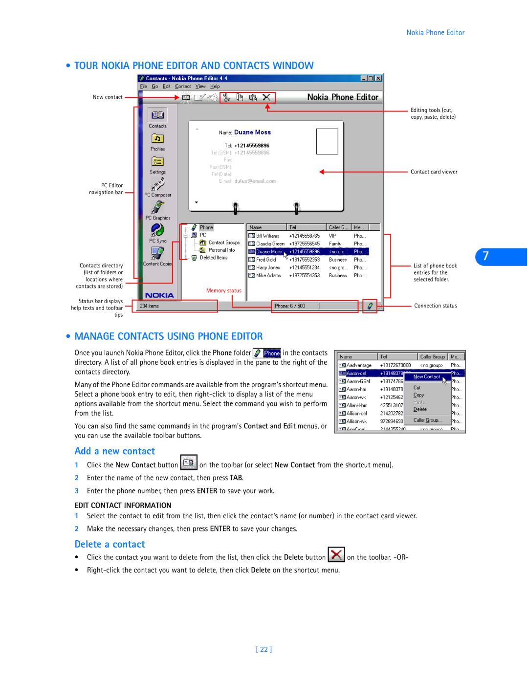 Nokia 6360 manual Tour Nokia Phone Editor and Contacts Window, Manage Contacts Using Phone Editor, Add a new contact 