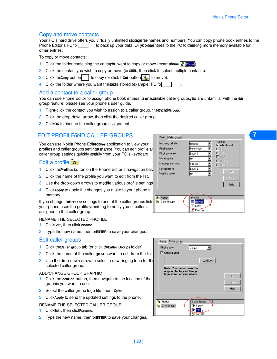 Nokia 6360 manual Copy and move contacts, Add a contact to a caller group, Edit Profiles and Caller Groups, Edit a profile 