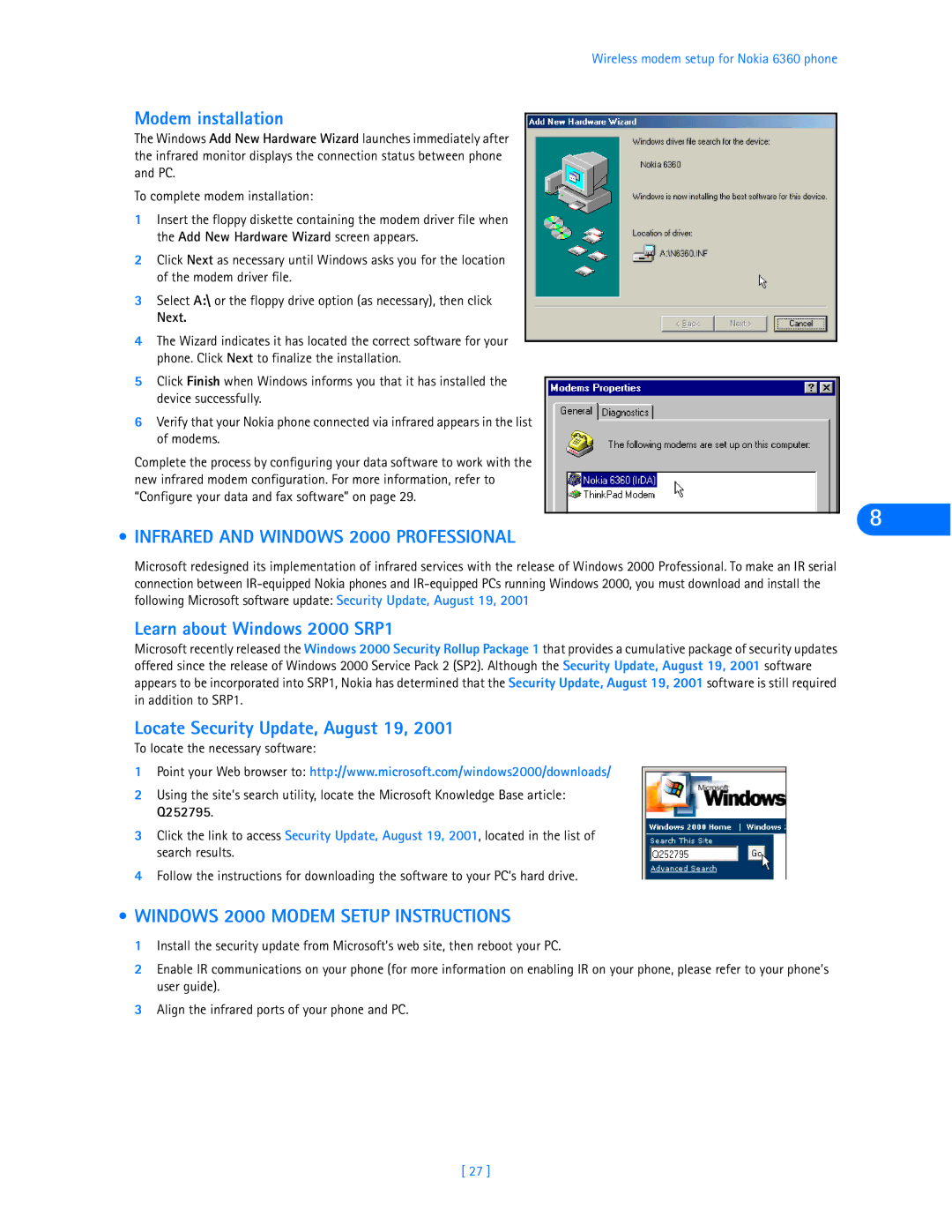 Nokia 6360 manual Modem installation, Infrared and Windows 2000 Professional, Learn about Windows 2000 SRP1 