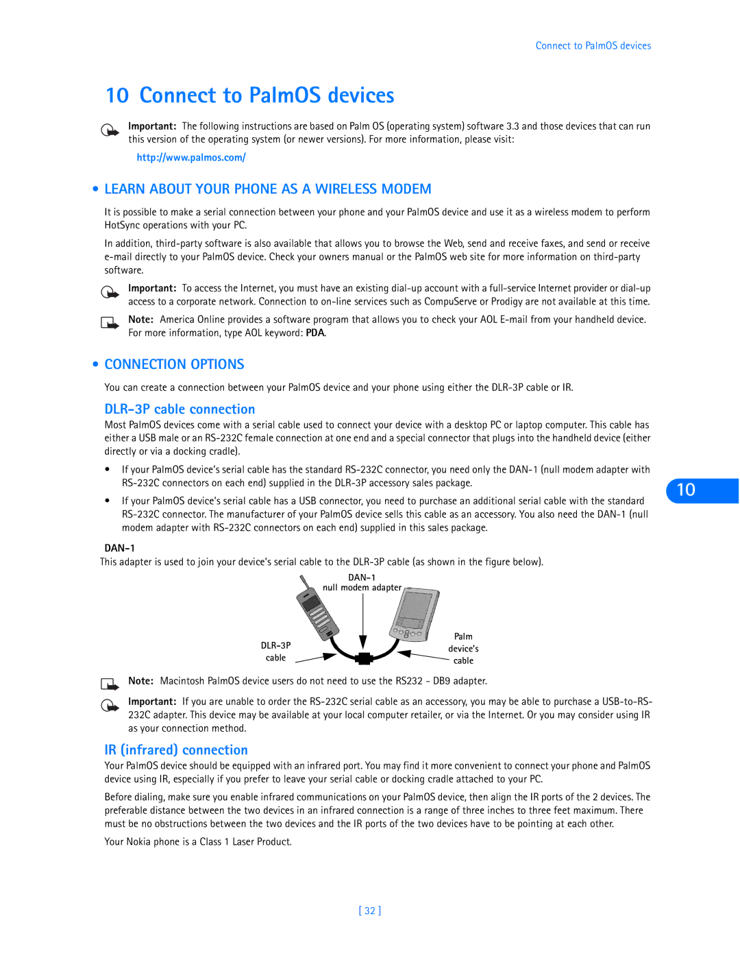 Nokia 6360 manual Connect to PalmOS devices, Learn about Your Phone AS a Wireless Modem, Connection Options 