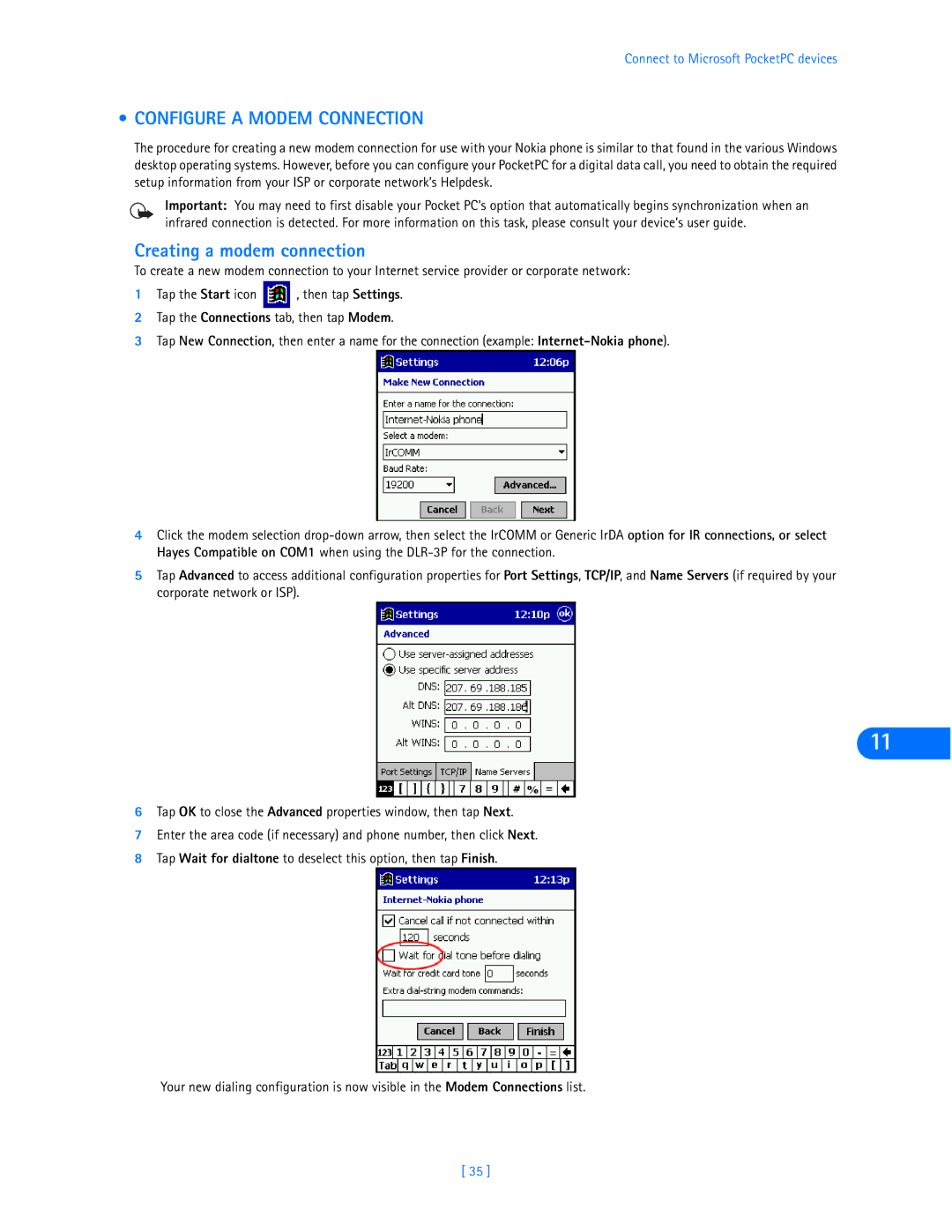 Nokia 6360 manual Configure a Modem Connection, Creating a modem connection 