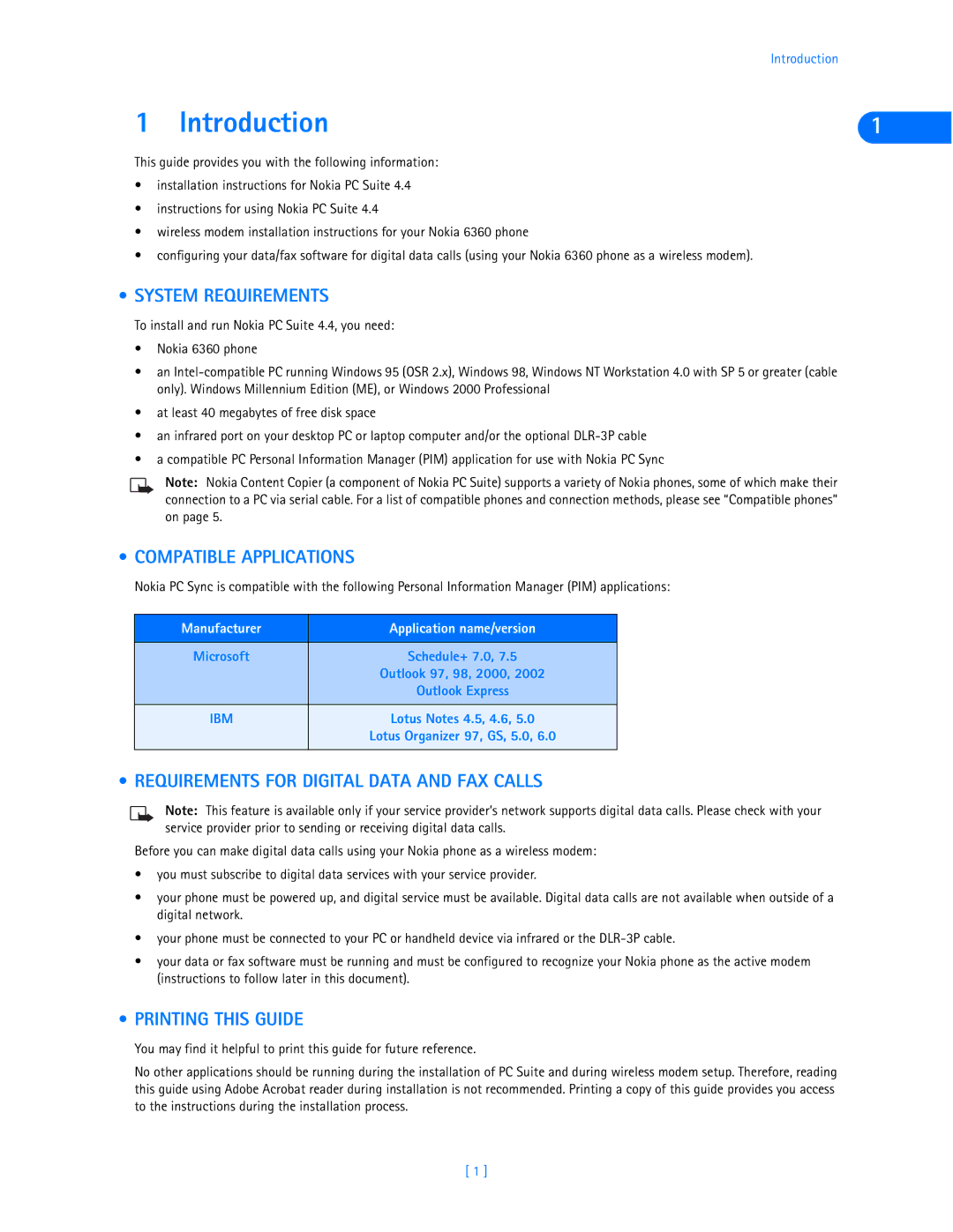 Nokia 6360 manual Introduction, System Requirements, Compatible Applications, Requirements for Digital Data and FAX Calls 