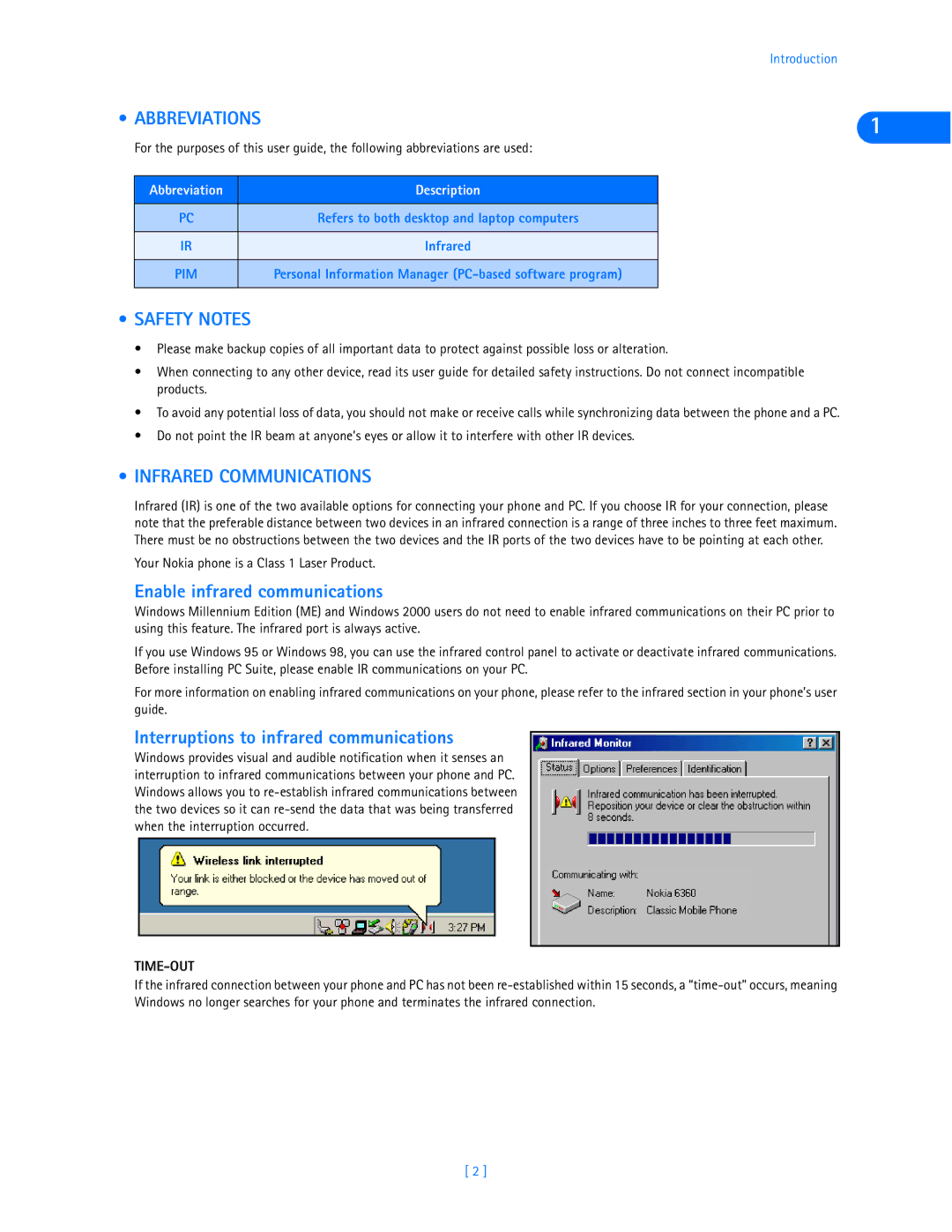 Nokia 6360 manual Abbreviations, Safety Notes, Infrared Communications, Enable infrared communications 