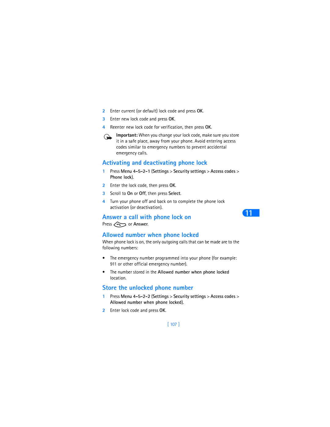 Nokia 6370 Activating and deactivating phone lock, Answer a call with phone lock on, Allowed number when phone locked, 107 