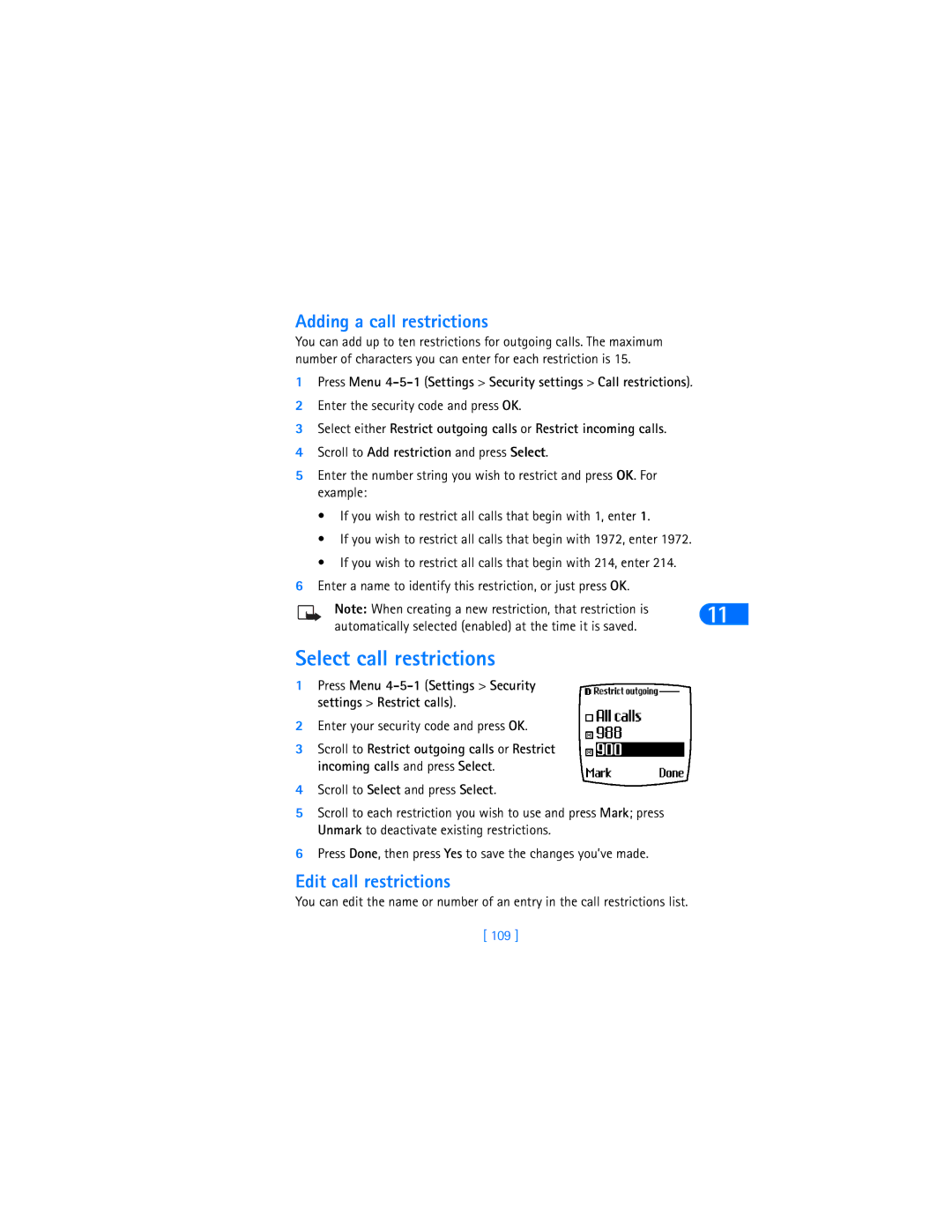 Nokia 6370 Adding a call restrictions, Edit call restrictions, Press Menu 4-5-1 Settings Security settings Restrict calls 