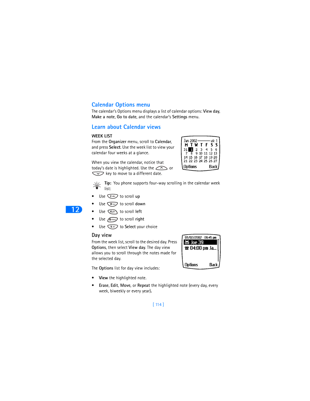 Nokia 6370 Calendar Options menu, Learn about Calendar views, Week List, When you view the calendar, notice that, 114 