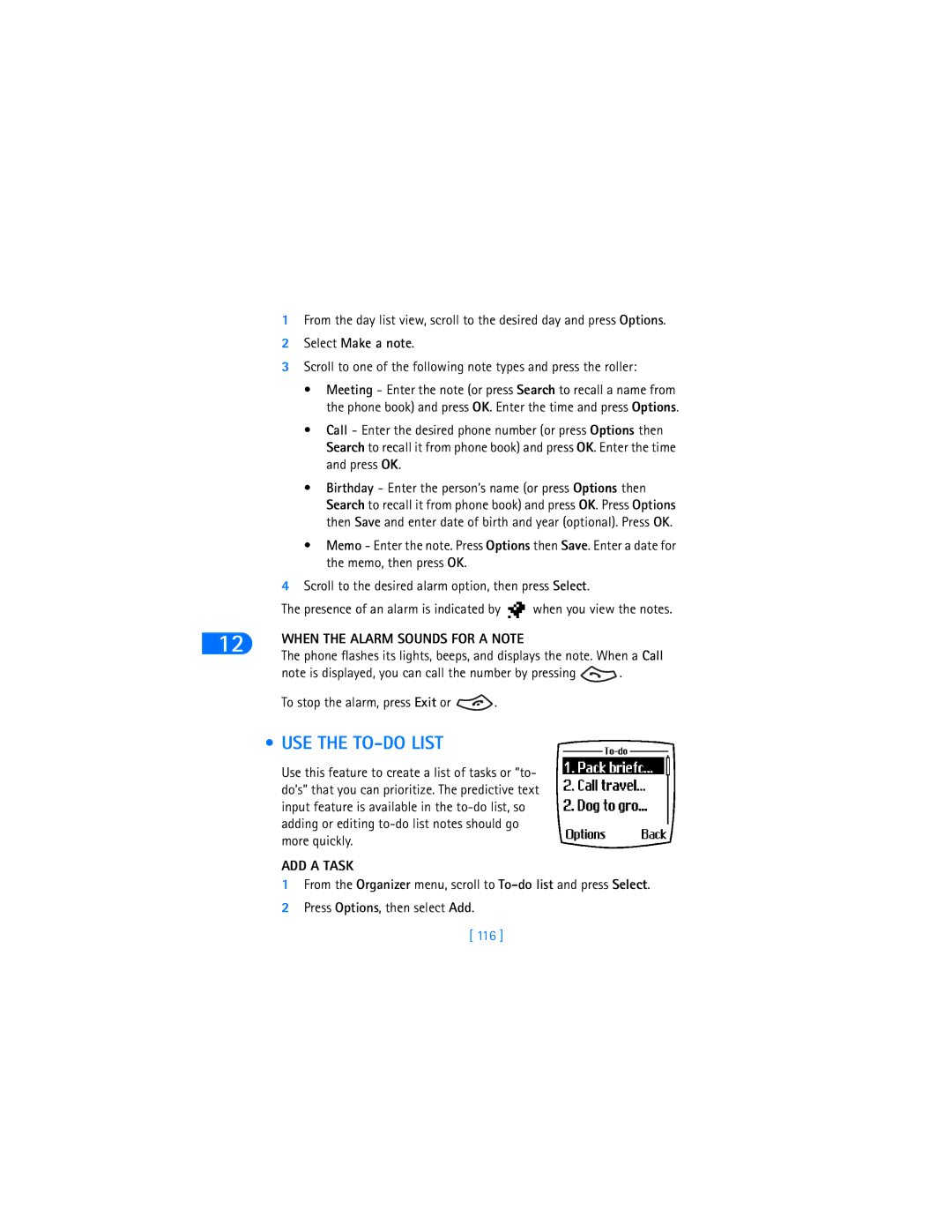 Nokia 6370 warranty USE the TO-DO List, Select Make a note, When the Alarm Sounds for a Note, ADD a Task, 116 