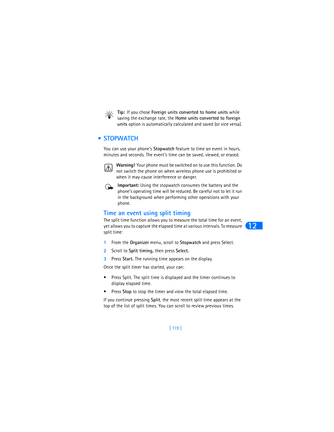 Nokia 6370 warranty Stopwatch, Time an event using split timing, 119 