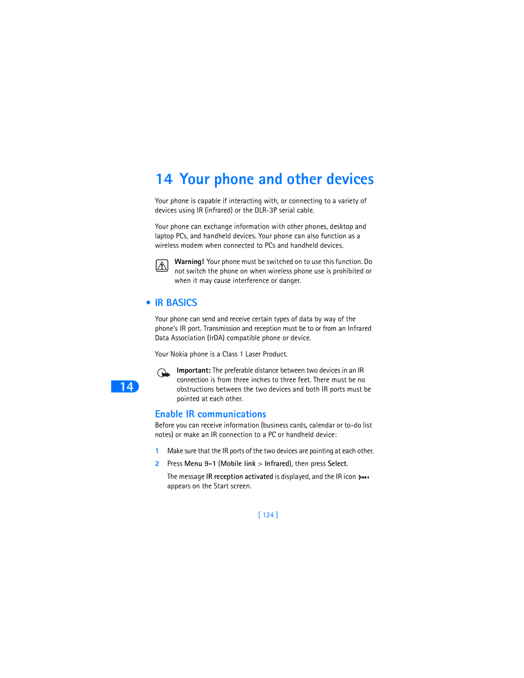 Nokia 6370 warranty Your phone and other devices, IR Basics, Enable IR communications, 124 