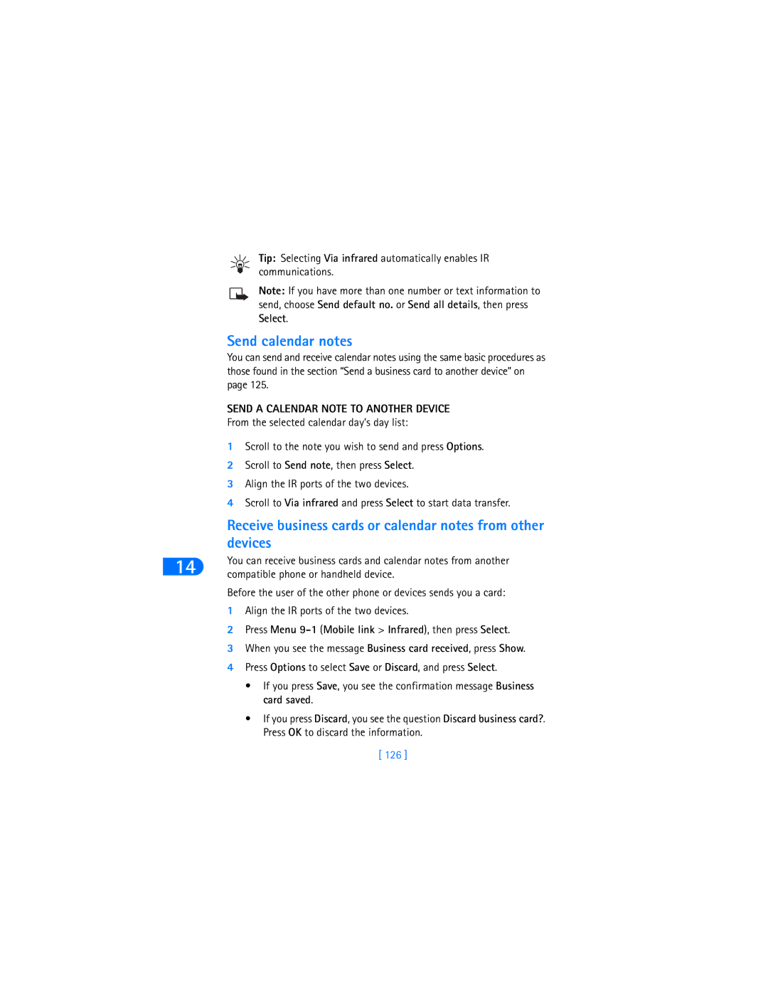 Nokia 6370 warranty Send calendar notes, Receive business cards or calendar notes from other devices, 126 