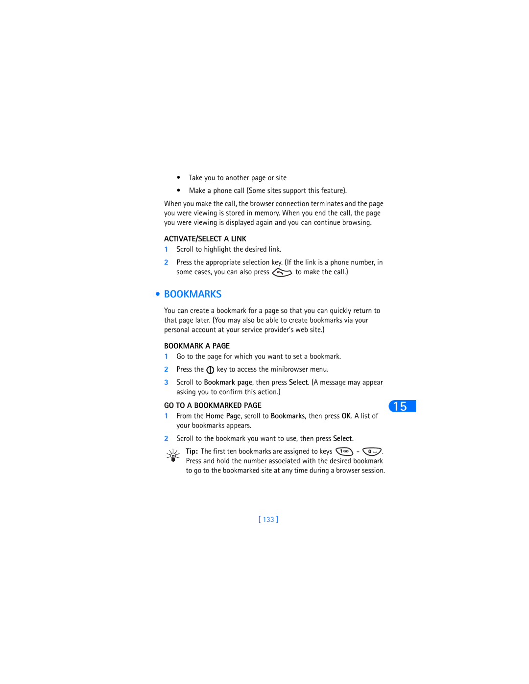 Nokia 6370 warranty Bookmarks, ACTIVATE/SELECT a Link, Bookmark a, GO to a Bookmarked, 133 
